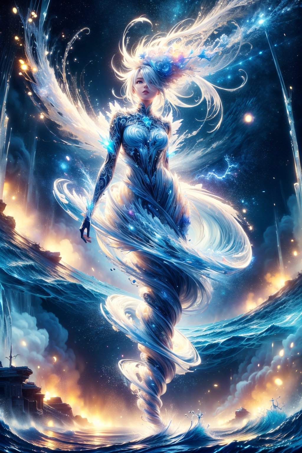 (masterpiece, top quality, best quality, official art, beautiful and aesthetic:1.2), solo, 1girl, melancholy eyes, long silver hair, hanfu, long robe, with bun accessories, full body shot, extreme detailed, (abstract, fractal art:1.3), hyper detailed masterpiece, dynamic, awesome quality, minute aqueous floating DonM3l3m3nt4l, stark beauty, wizardly, well-functioning, charming, halcyon, highest detailed, water, wave, ice, lightning, light_particles, ghost, 