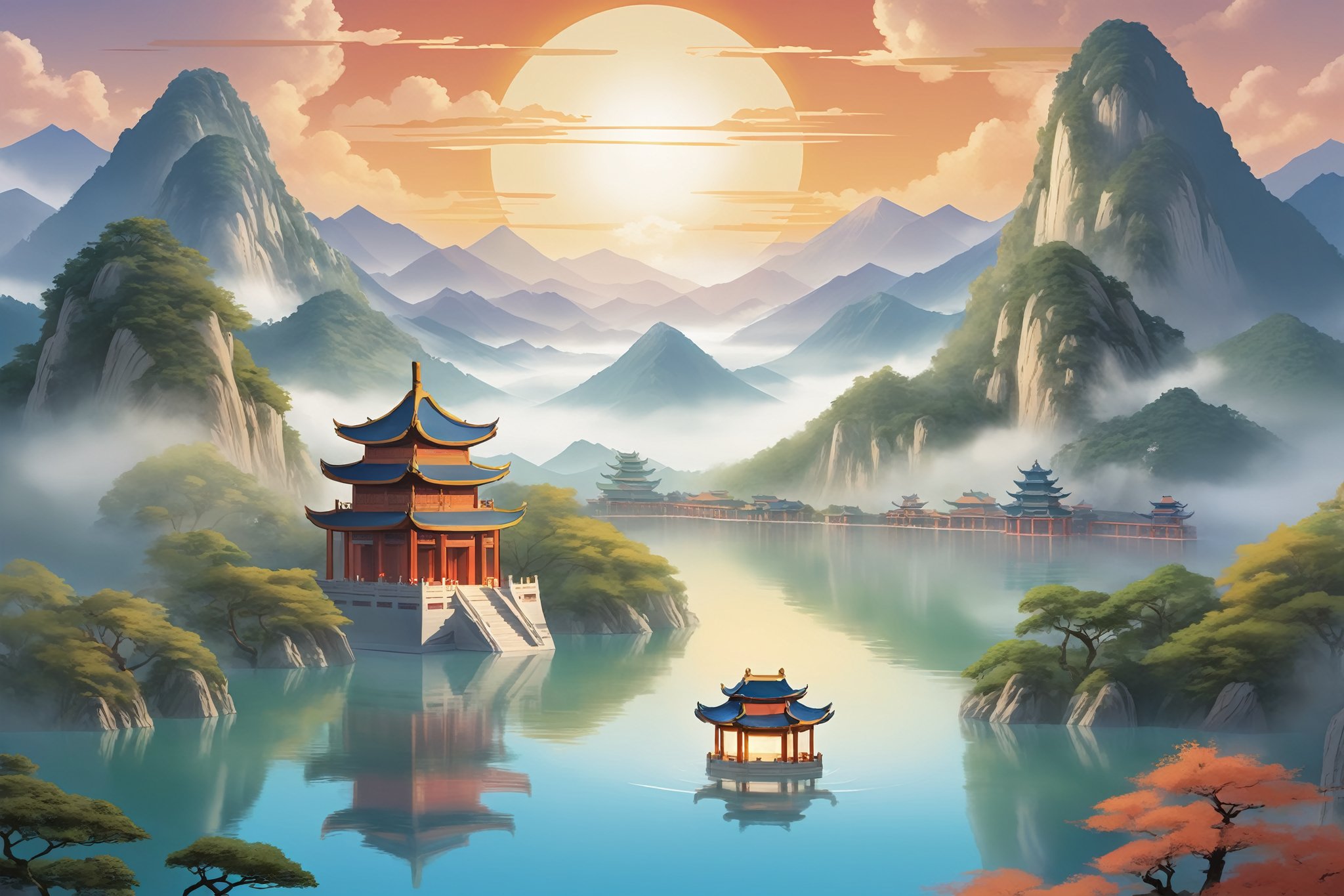 A majestic scene unfolds: a serene landscape with misty mountains and a tranquil lake in the distance. In the center, the revered god of Chinese mythology stands majestically, bestowing the four-color treasure box upon the ten guardian elders. Each elder, robed in regal attire, holds a matching treasure box adorned with intricate carvings. Soft sunlight casts a warm glow on the figures, as if the very essence of harmony and balance is being imparted.