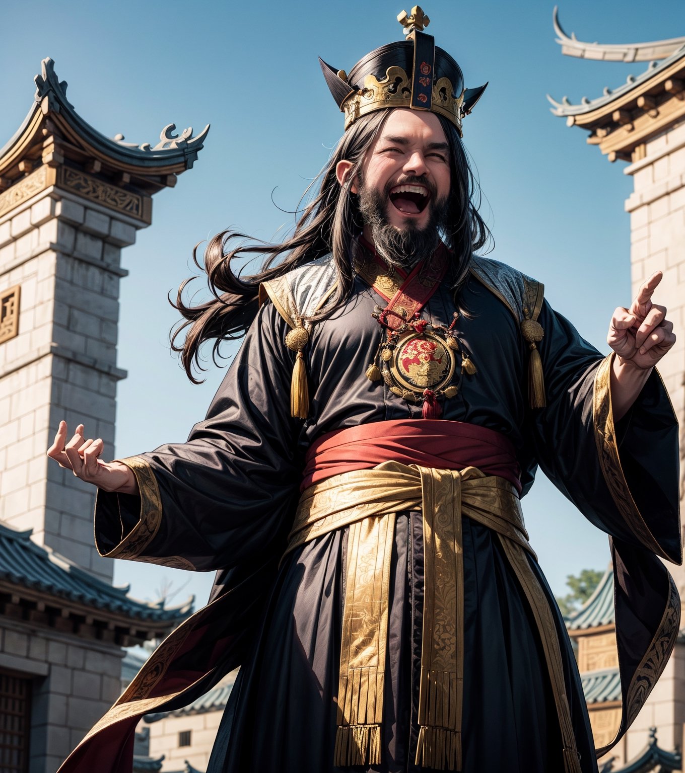 One old man, a Chinese Tang dynasty emperor, evil face, laughing, pointy-ears, beard long, black hair, long_hair, scar on left eye, angry face, flesh_fang, (tall, fat), full_body, from below, straight crown, golden Taoist robe, palace background, Tang dynasty, royal, dynamic poses,