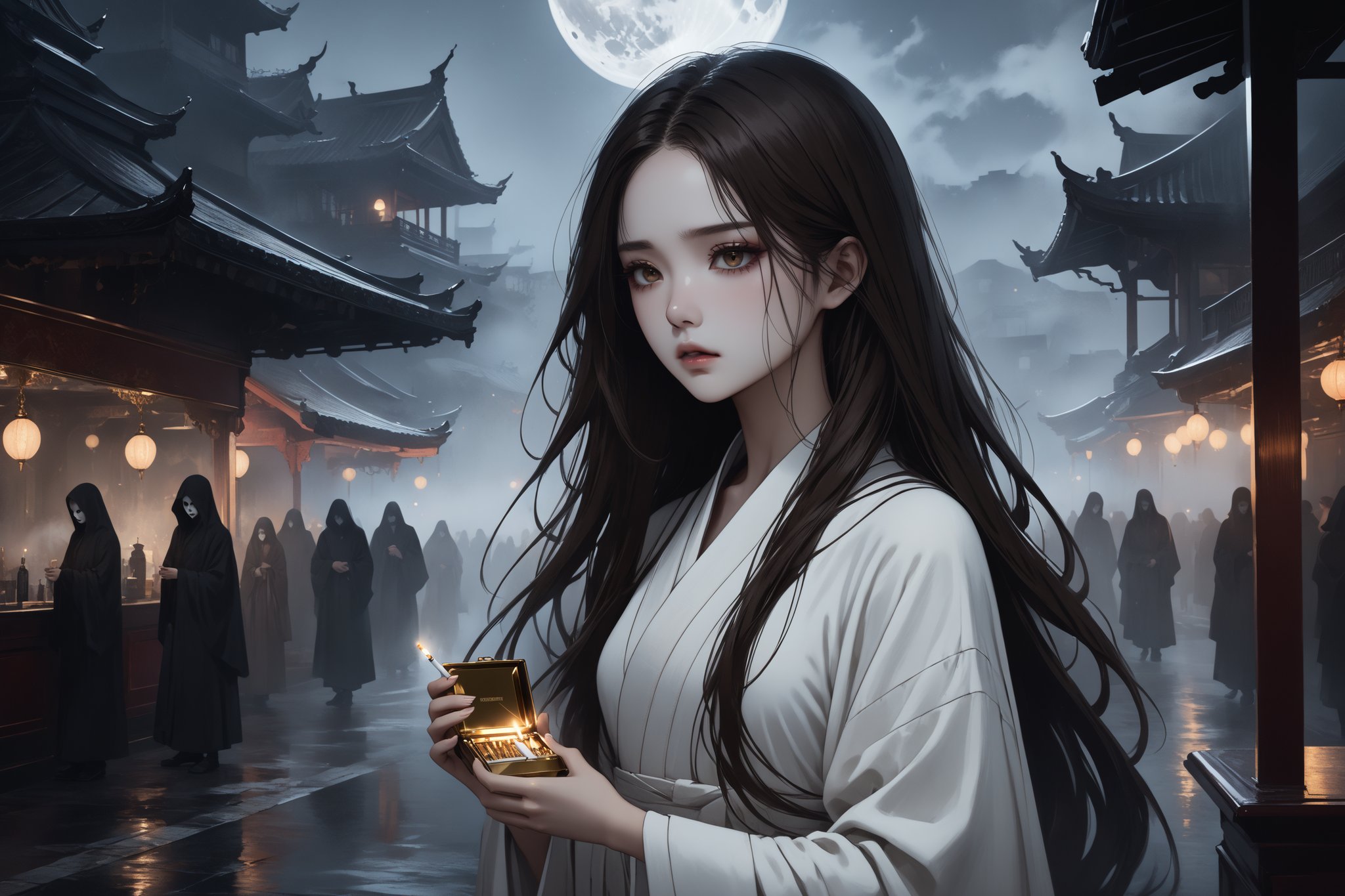 horror-themed {prompt} . eerie, unsettling, dark, spooky, suspenseful, grim, highly detailed, masterpiece, beautiful and aesthetic, ultra detail, intricate, 1female, solo, 20 years old, detailed character design, Asian beauty, feminine soft face, (pale), (dark eyes), sorrow expression, (flowing long hair, brown), (white long robe,), (hand in a small golden cigarette case:1.5), outdoors, night club street, mists, night moon