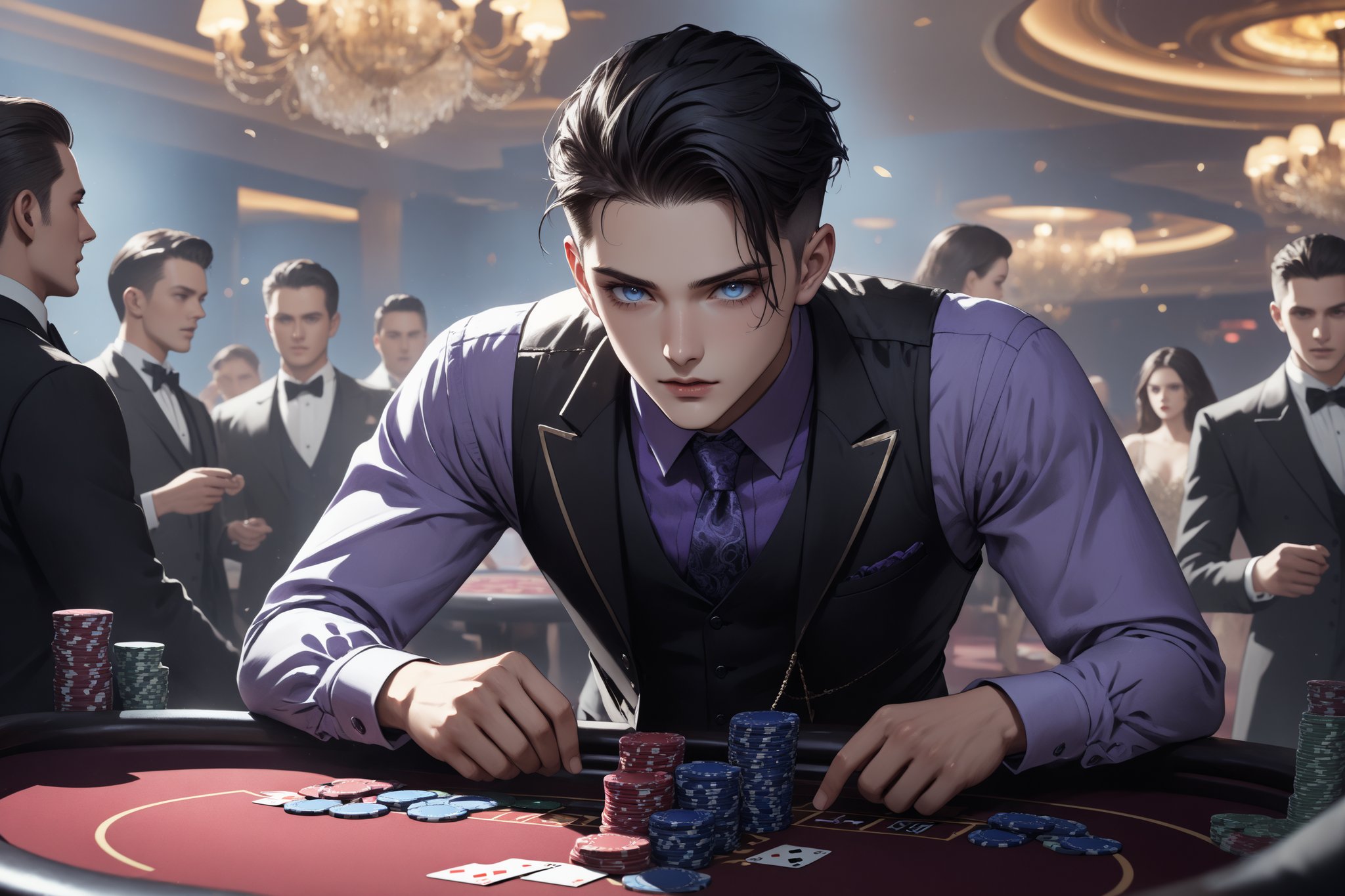 horror-themed {prompt} . eerie, unsettling, dark, spooky, suspenseful, grim, highly detailed, masterpiece, beautiful and aesthetic, ultra detail, intricate, 1male, solo, 23 years old, detailed character design, delicate face, proud expression, light blue eyes, (dark hair, Classic Undercut), silver waistcoat, purple shirt, deep blue tie, dynamic pose, play cards, (won a lot of casino chips:1.5), on card table, (people yelling and cheers behind:1.2), in the casino 