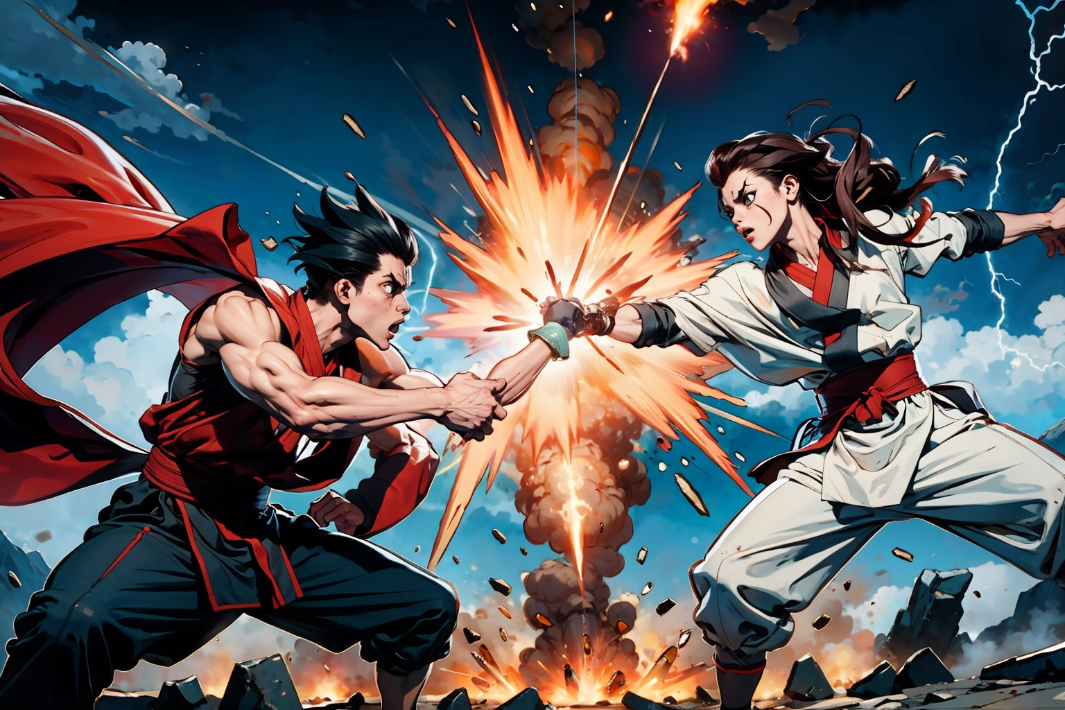 A shocked expression spreads across the faces of the gods as they gaze upon a dramatic scene unfolding before them. In a burst of dynamic energy, a group of skilled warriors engage in a thrilling battle sequence, reminiscent of Chinese martial arts animations. The bold lines and vibrant colors of Boichi's manga style bring the action to life, with lightning-fast movements and intense poses capturing the attention of all who witness this awe-inspiring spectacle.