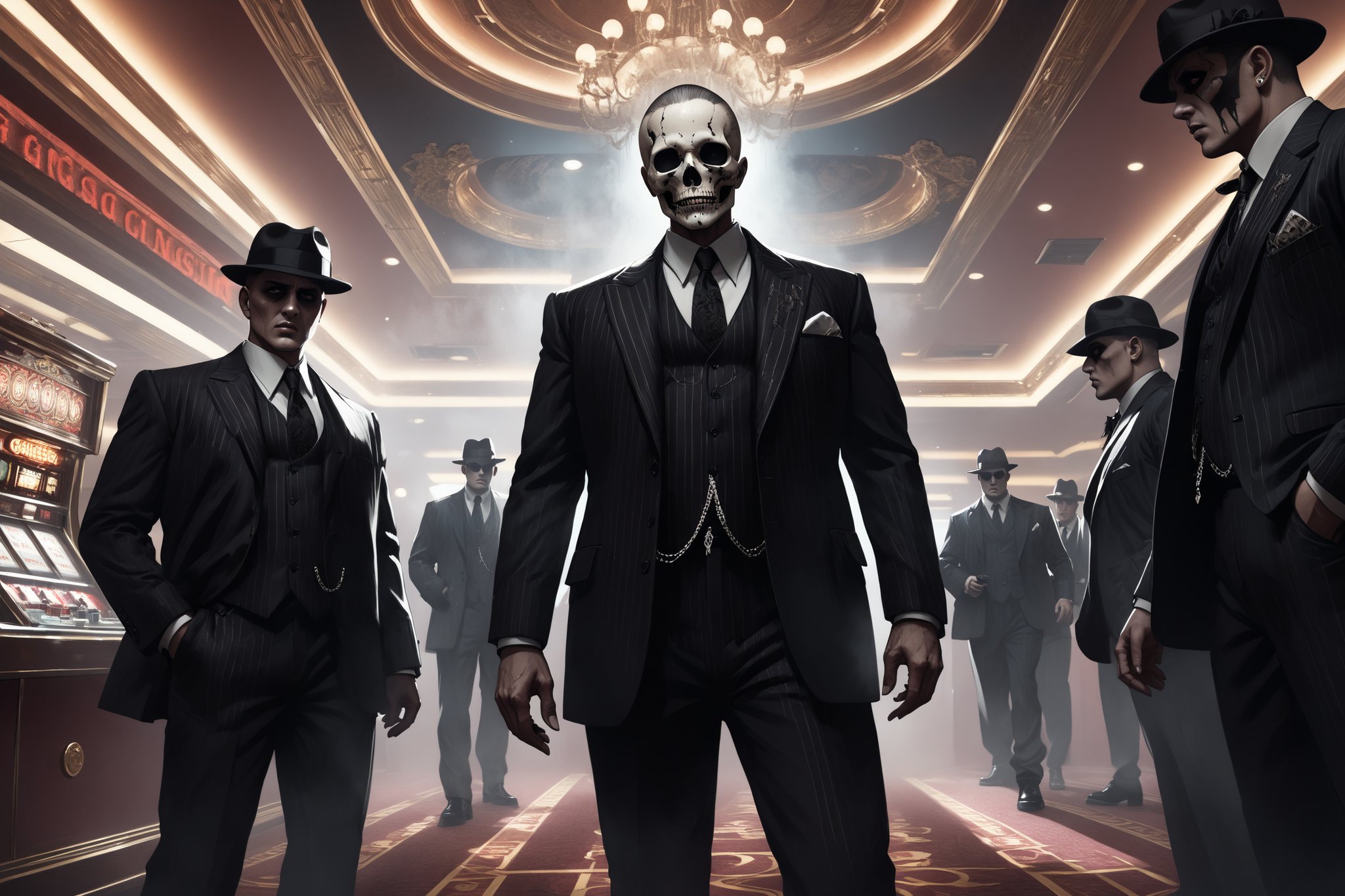 horror-themed {prompt} . eerie, unsettling, dark, spooky, suspenseful, grim, highly detailed, masterpiece, beautiful and aesthetic, ultra detail, intricate,  detailed character design, (gangsters:1.5), (wide angle view), dynamic pose, standing, in the casino