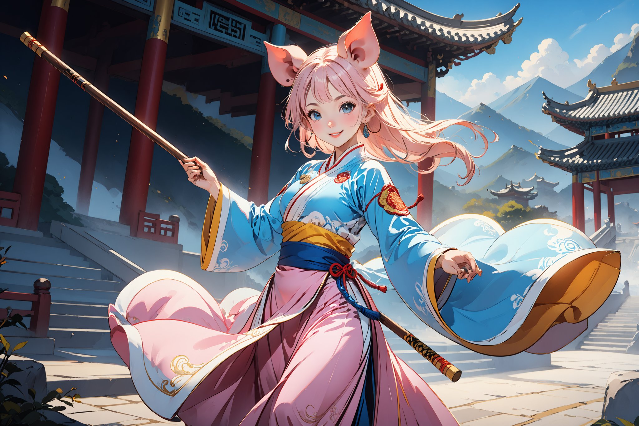 masterpiece, beautiful and aesthetic, ultra detail, intricate, 1female, solo, (Pig features, pig ears, pig nose), one of the chief characters in “Pilgrimage To The West”, detailed character design, smile sweetly, light pink skin, silver hafu, wide sleeves, blue long skirt, she holding a long stick, dynamic pose, Chinese martial arts animation style, outdoors, heavenly palace, countless palaces