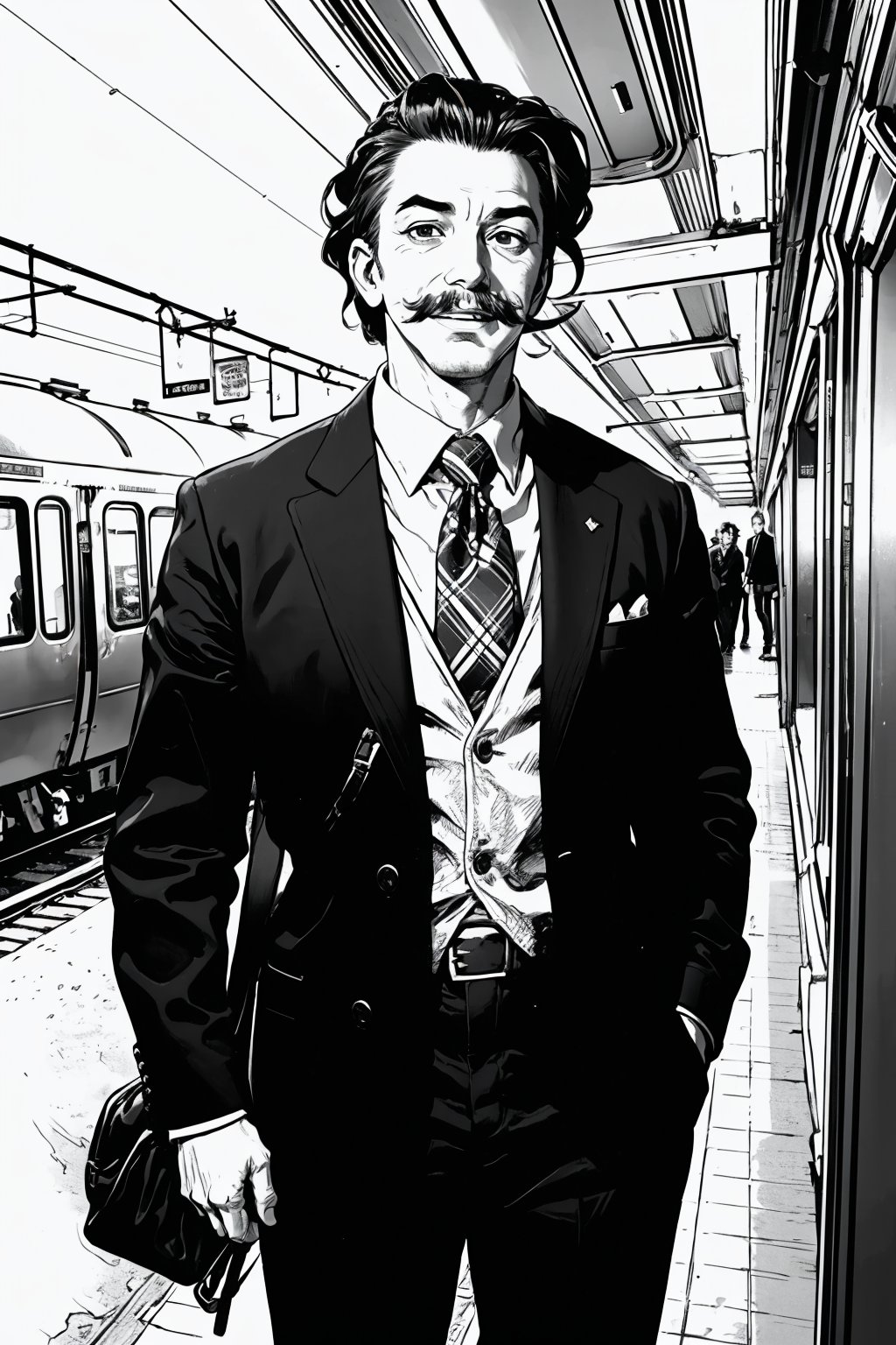 boichi manga style, monochrome, greyscale, solo, a young man, he is Walt Disney, the founder of Disneyland, slicked hairstyle, mustache, traditional plaid suit, (he is geting off from the train), smile, happy, full body shot, a country train station background, ((masterpiece)) 