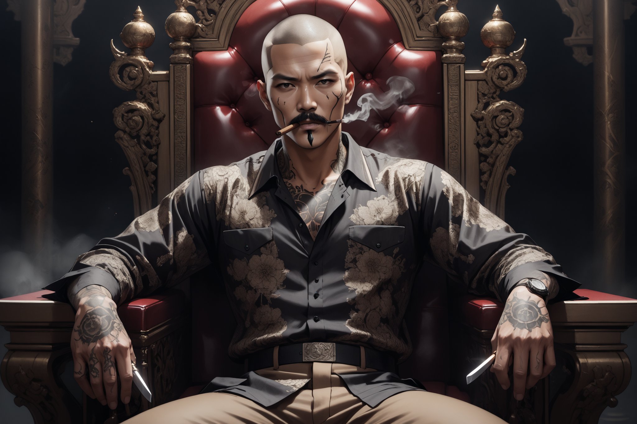 horror-themed {prompt} . eerie, unsettling, dark, spooky, suspenseful, grim, highly detailed, masterpiece, beautiful and aesthetic, ultra detail, intricate, 1male, solo, 40 years old, detailed character design, Asian, badass, a deep knife scar across his face, cigar in mouth, black Pencil-like moustache, Buzz Cut, tall and heavy, tan skin, neck tattoo, floral shirt, brown pants, dynamic pose, sitting in the throne, in casino