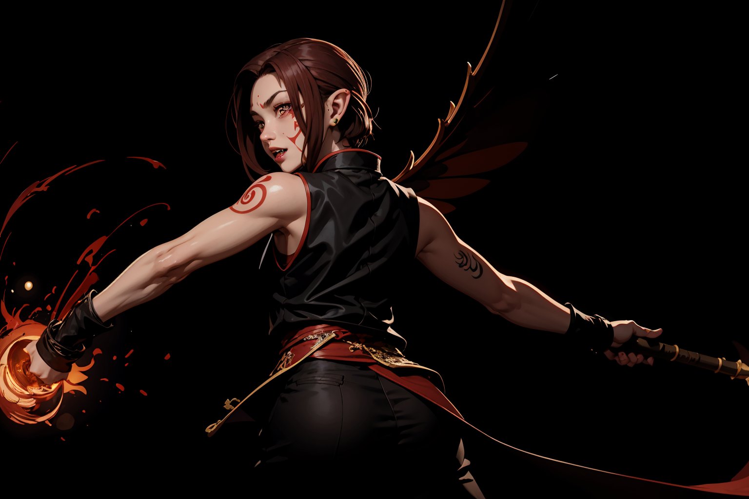 Chinese mythology, solo, 1female, monster_girl, short hair, dark red hair, (facial marks), fierce face, evil face, fangs, sexy lips, (pointed ears), (dark skin), strong body, (phoenix tattoo), (a single wing behind:1.2), holding a mace, dark red vest, long pants, (look back, from behind:1.2), Chinese martial arts animation style