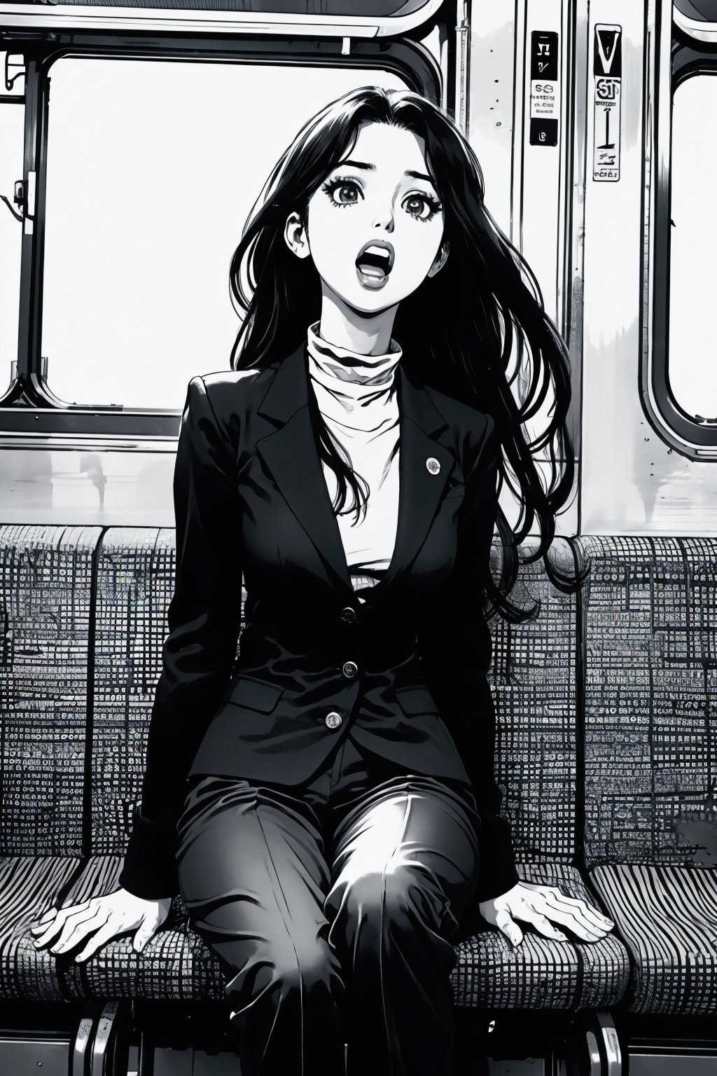 Boichi manga style, monochrome, greyscale, solo, a young lady, long hair, trouser suit, she was sitting in the train compartment, surprised eyes, open mouth, a finger point to the ground, ((masterpiece))