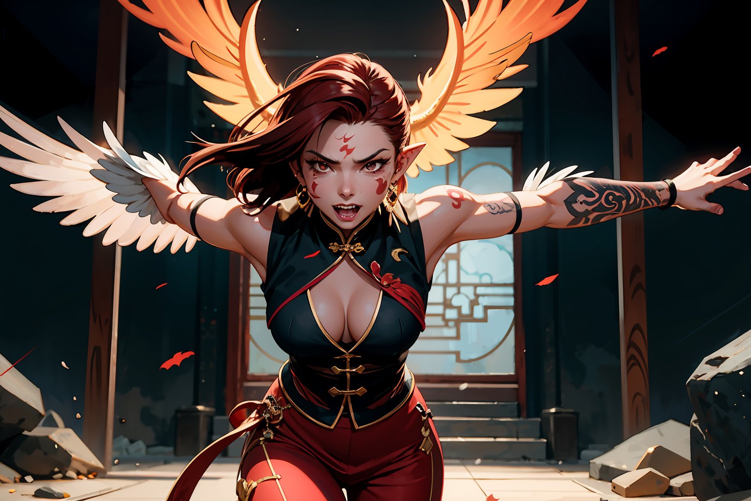 Chinese mythology, solo, 1female, monster_girl, short hair, dark red hair, (facial marks), fierce face, evil face, fangs, sexy lips, (pointed ears), (dark skin), strong body, (phoenix tattoo), (a single wing behind:1.2), dark red vest, long pants, a heavenly guardian, its normally radiant aura now dimmed by mortal wounds, bursts into the grand hall with frantic urgency. The once-stalwart warrior's usually unyielding expression is replaced by a look of desperation as it rushes to convey crucial information to the gathered officials. In a chaotic flurry of motion, the injured god stumbles forward, its usually immaculate attire now disheveled and bloodied, Chinese martial arts animation style
