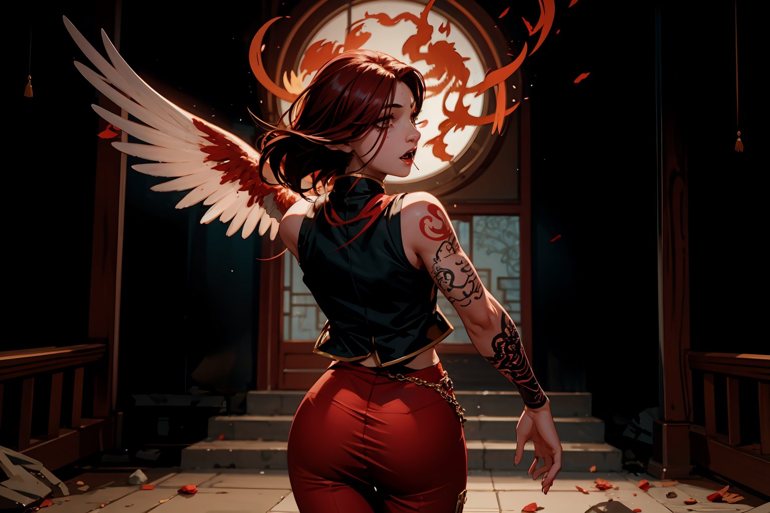 Chinese mythology, solo, 1female, monster_girl, short hair, dark red hair, (facial marks), fierce face, evil face, fangs, sexy lips, (pointed ears), (dark skin), strong body, (phoenix tattoo), (a single wing behind:1.2), dark red vest, long pants, a heavenly guardian, its normally radiant aura now dimmed by mortal wounds, bursts into the grand hall with frantic urgency. The once-stalwart warrior's usually unyielding expression is replaced by a look of desperation as it rushes to convey crucial information to the gathered officials. In a chaotic flurry of motion, the injured god stumbles forward, its usually immaculate attire now disheveled and bloodied, dynamic pose, (flying:1.2), (from behind:1.2), Chinese martial arts animation style