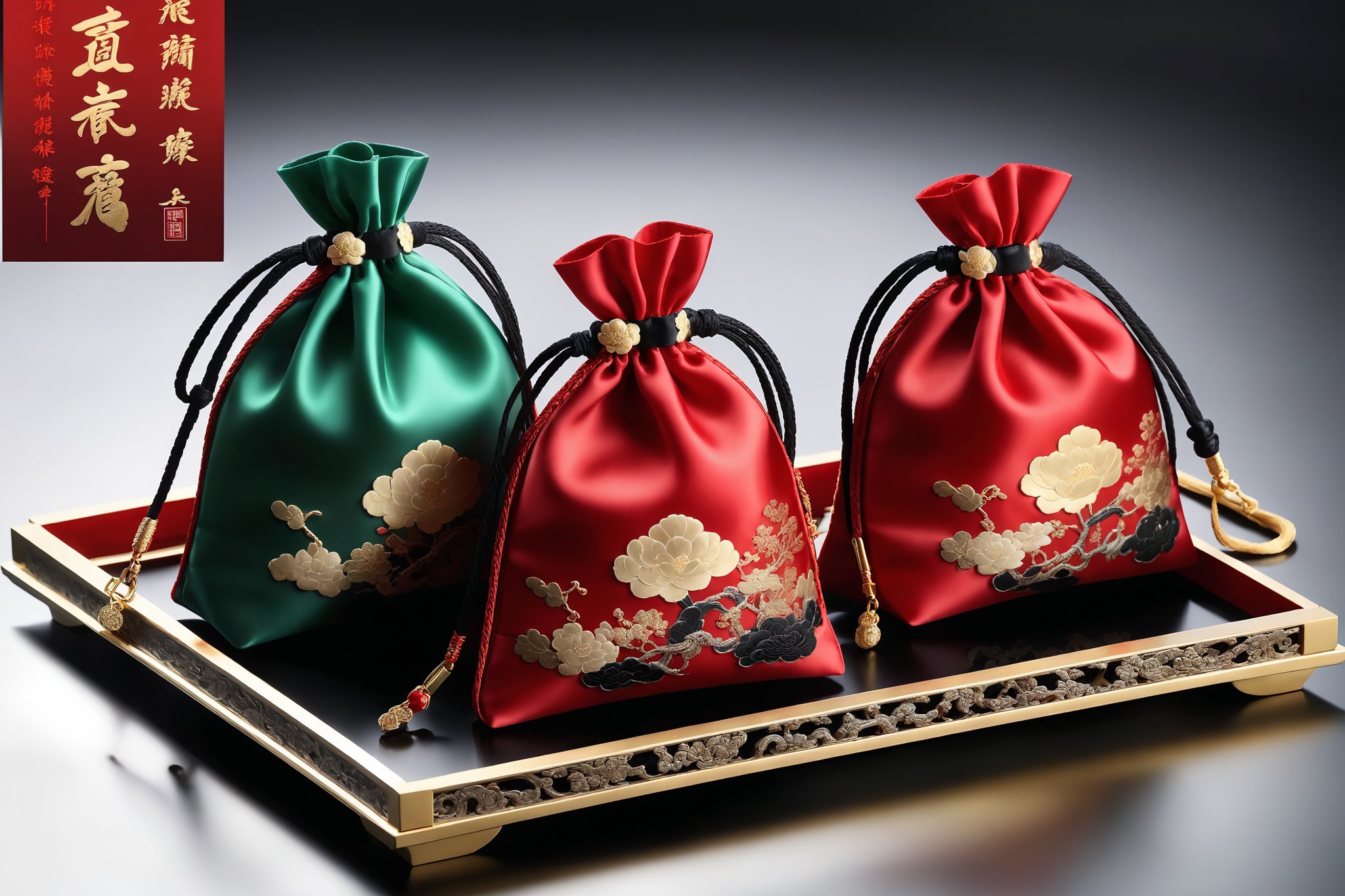 Masterpiece, beautiful and aesthetic, ultra detail, intricate, inspired by the wealthy families in ancient China, three exquisite little brocade bags, red and black, satin texture, sealed with a golden lanyard, placed on a top-grade jadeite On the finished tray, noble and elegant, 2D anime style