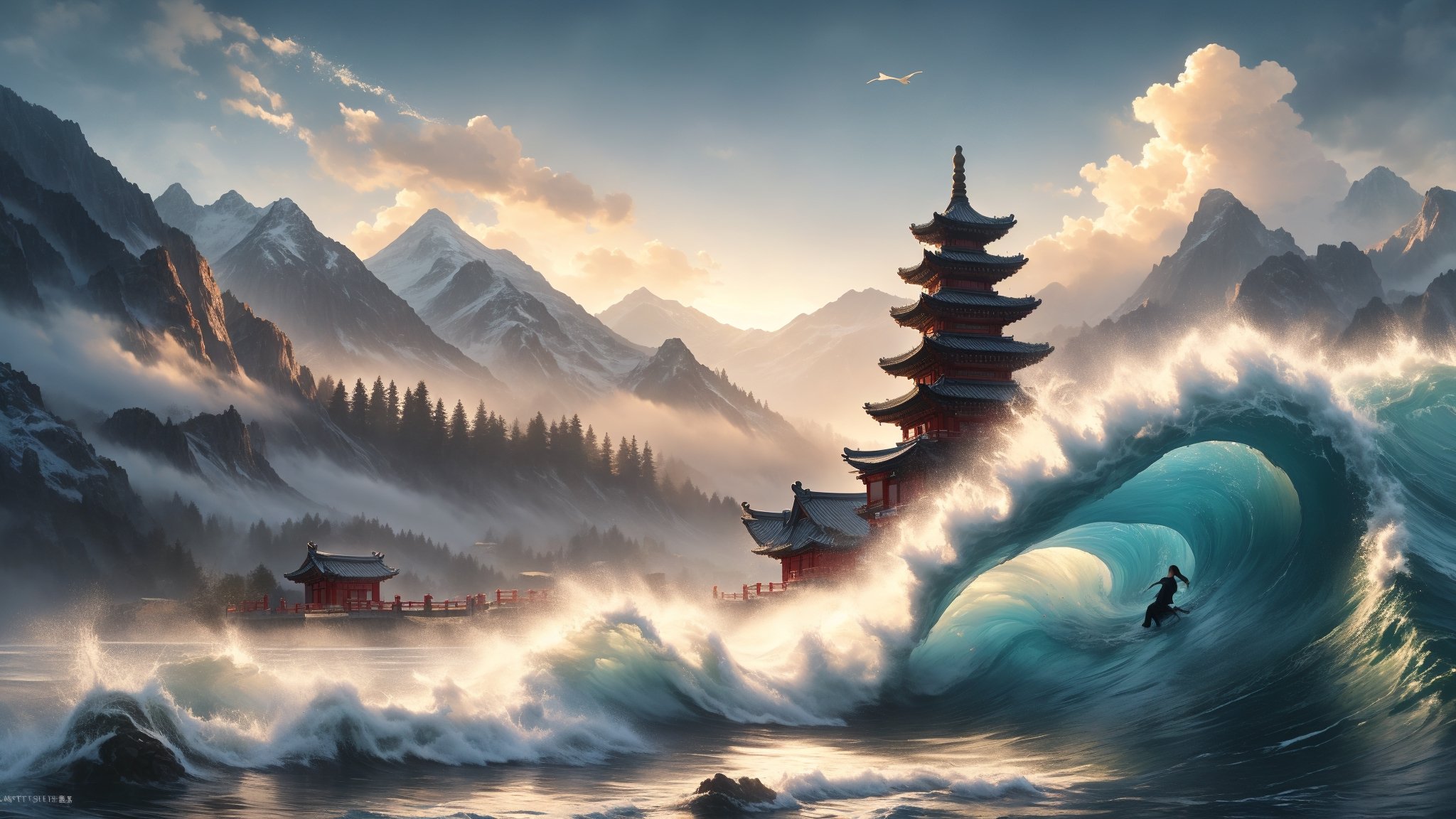 water, foaming, wave, a monster, foggy, mountains, Chinese temple, clouds, birds, at Twilight, tilt shift, Cleancore, HDR, Mustafa Abdulhadi, involved in a project, DonM3l3m3nt4l, 