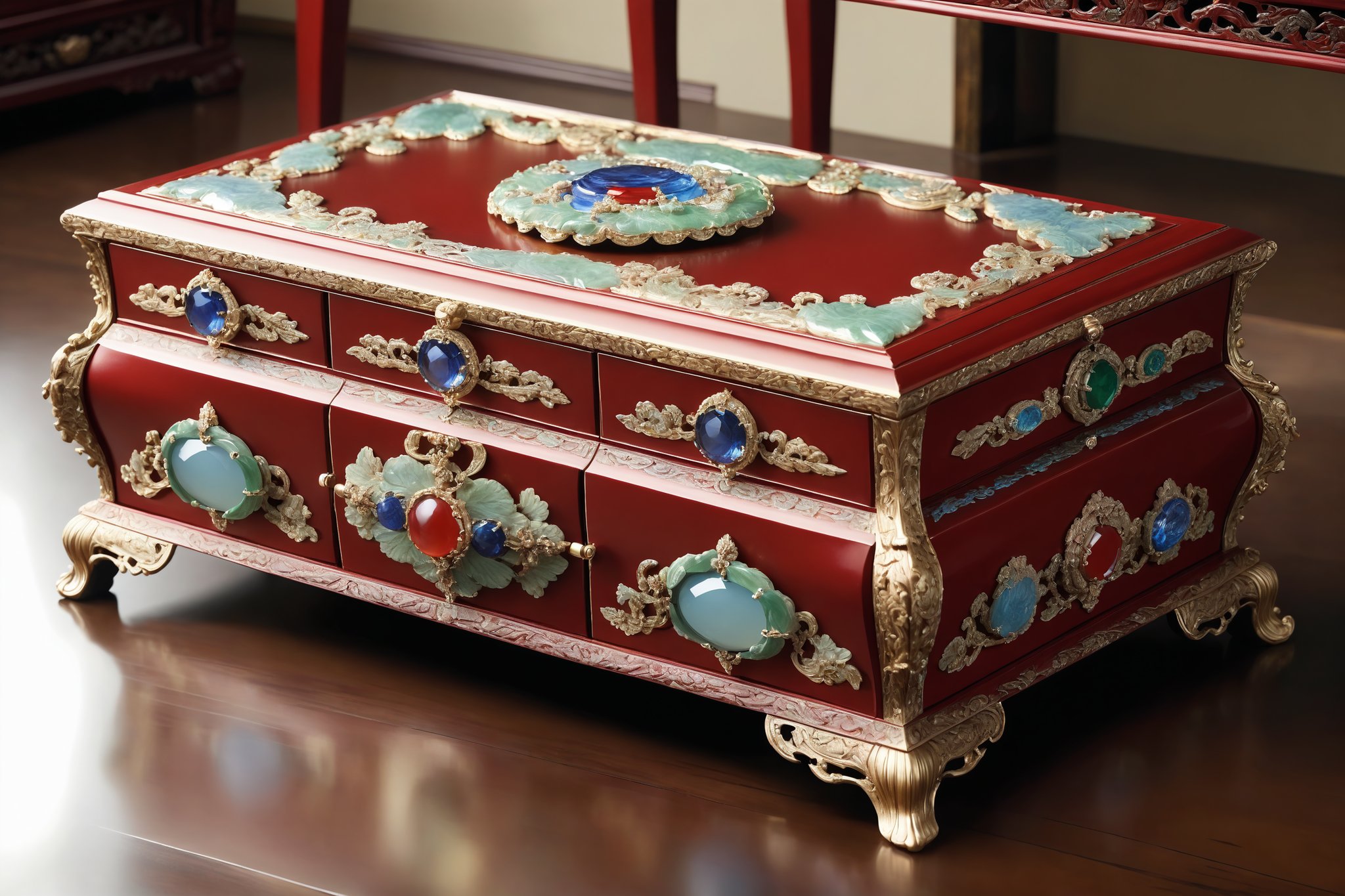 In this stunning masterpiece, four ornate jewelry boxes in gold, red, green, and blue adorn a intricately carved dressing table, evoking the opulence of wealthy families in ancient China. The boxes' delicate hinges and lids shimmer under soft, warm lighting, casting a subtle glow on the richly polished wood surface. Amidst the serene atmosphere, a few scattered pearls or gemstones add a touch of whimsy, as if awaiting the gentle touch of a royal hand.