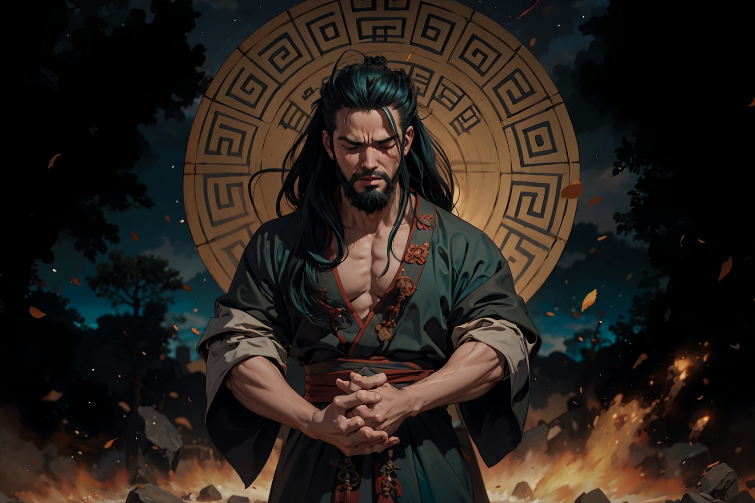 Chinese mythology story, solo, 1man, forty years old, long black hair, two beards, aqua Taoist robe, thin and tall, closed eyes, he is crying, he lowered his head and murmured to himself, with his hands clasped on his chest, Chinese martial arts animation style, boichi manga style