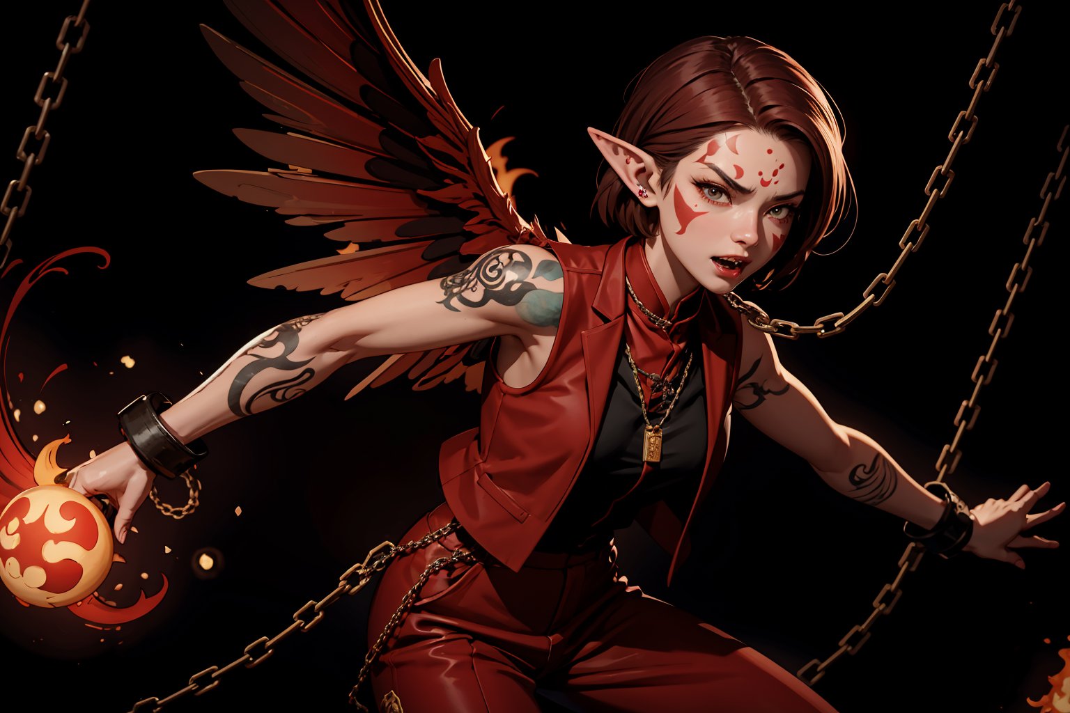 Chinese mythology, solo, 1female, monster_girl, short hair, dark red hair, (facial marks), fierce face, evil face, fangs, sexy lips, (pointed ears), (dark skin), strong body, (phoenix tattoo), (a single wing behind:1.2), dark red vest, long pants, (shackles, chains, in the prison:1.2), Chinese martial arts animation style
