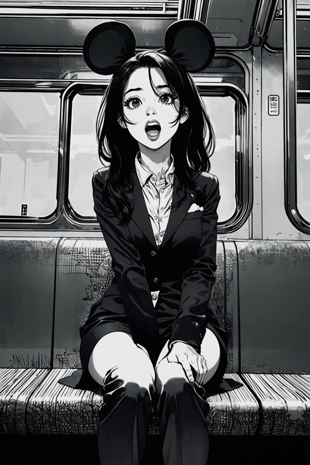 Boichi manga style, monochrome, greyscale, solo, a young lady, blone hair, trouser suit, Mickey Mouse ears, she was sitting in the train compartment, surprised eyes, open mouth, a finger point to the ground, ((masterpiece))