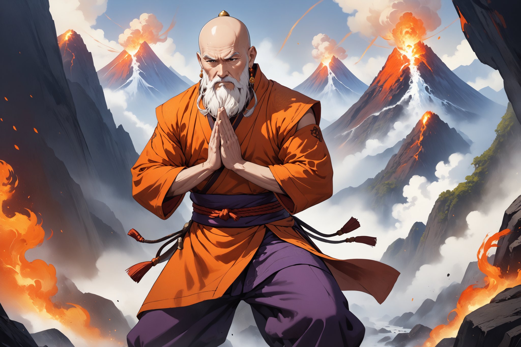 masterpiece, beautiful and aesthetic, ultra detail, intricate, 1male, solo, (60 years old, old man), detailed character design, warrior monk, godlike, domineer expression, bead_earrings, (full beard, white), bald, (short stature, muscular), (Kasaya of Shoulder-covering Style, orange), dark purple pants, (small magic fires on his shoulders), (upper body), dynamic pose, (hands in prayer pose:1.5), standing on the peak, Chinese martial arts animation style, volcanos, mists