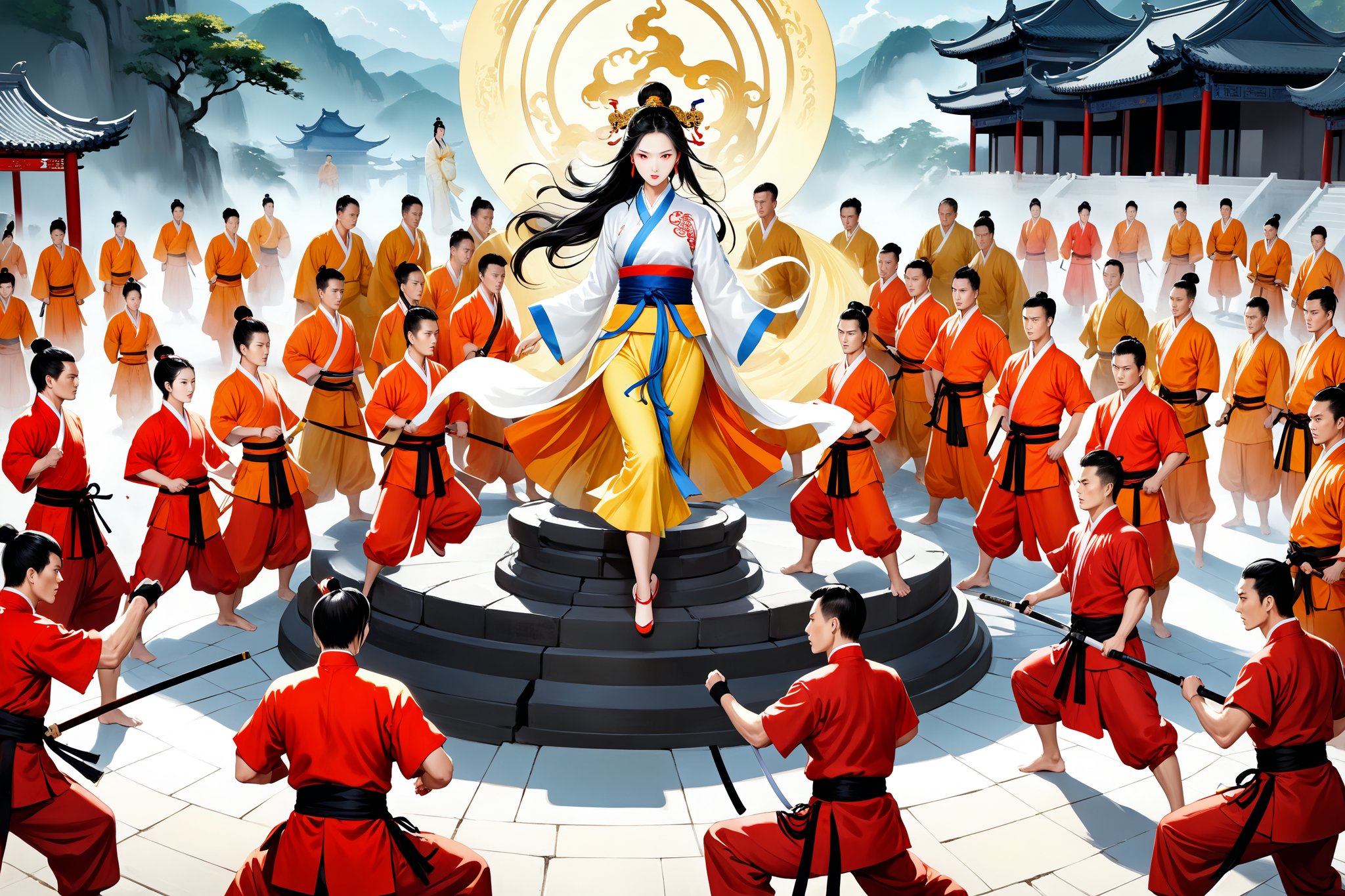 Masterpiece, beautiful and aesthetic, ultra detail, intricate, Chinese mythology story, eighteen gods undergo fierce literary and martial arts tests in the trial field