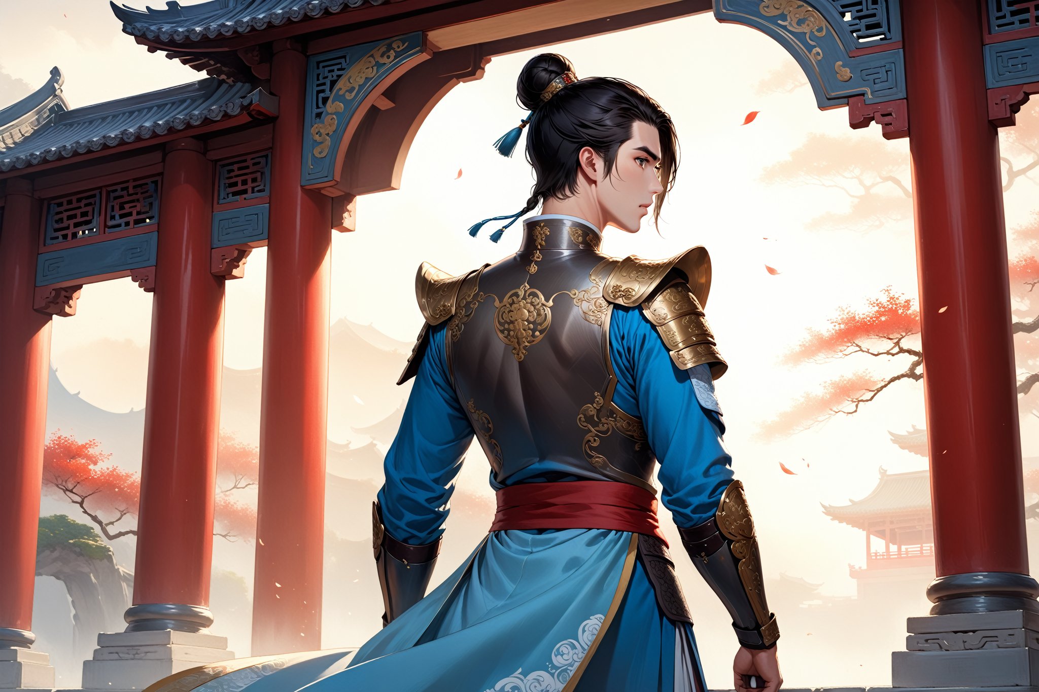 masterpiece, beautiful and aesthetic, ultra detail, intricate, (solo, 1male:1.5), 25 years old, detailed character design, Chinese mythology story, a heavenly guardian, serene expression, manly, bushy eyebrows, wide eyes, wide jaw, (black hair, a single hair bun), tall and lean, (Han Chinese clothing, armor, brown), from behind, dynamic pose, standing, holding a book, creating a picturesque view of a heavenly palace, bathed in soft, ethereal light.