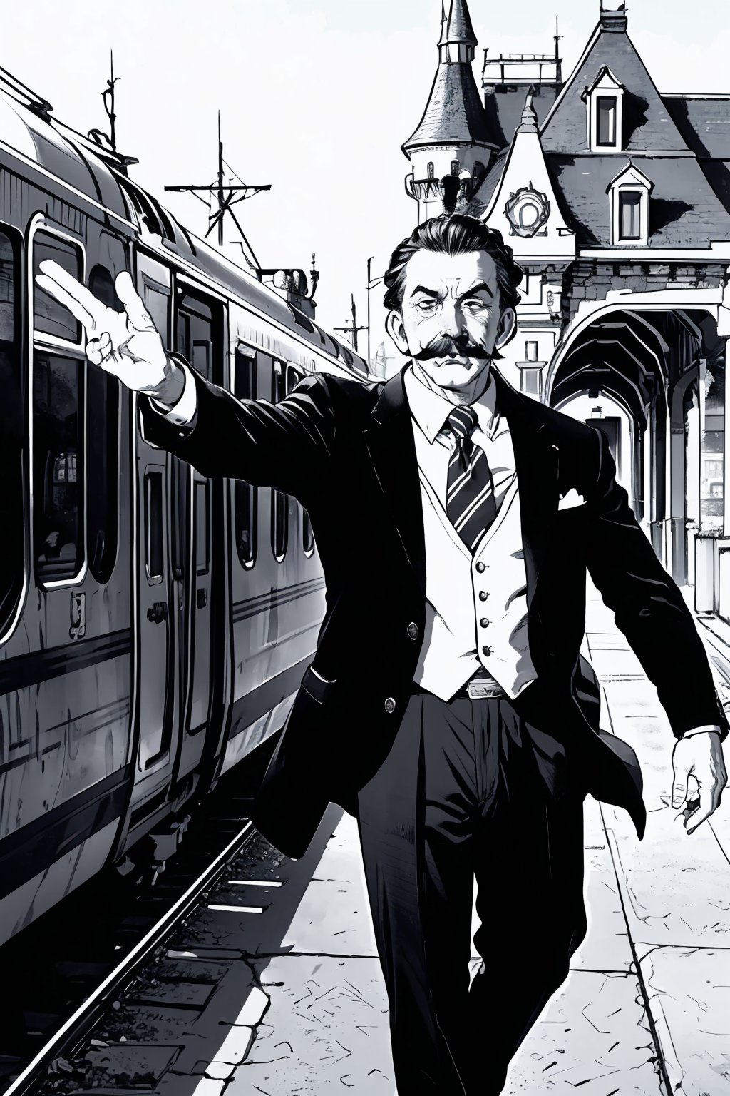boichi manga style, monochrome, greyscale, solo, he is Walt Disney, the founder of Disneyland, slicked hairstyle, mustache, plaid suit, he spreads his hands left and right, indicating that he has no money, his expression is helpless, full body, a country train station background, ((masterpiece))