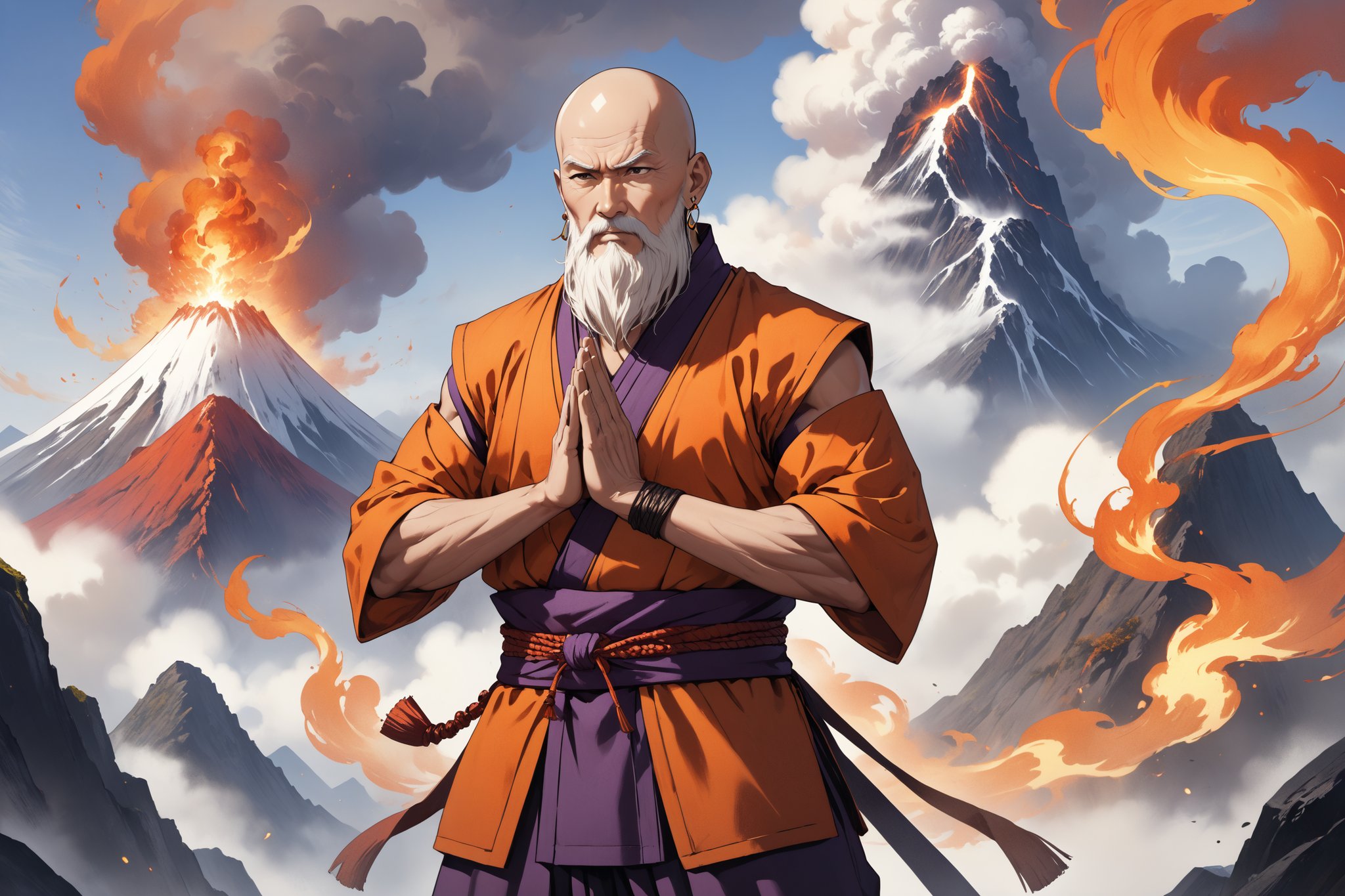 masterpiece, beautiful and aesthetic, ultra detail, intricate, 1male, solo, (60 years old, old man), detailed character design, warrior monk, godlike, domineer expression, bead_earrings, (full beard, white), bald, (short stature, muscular), (Kasaya of Shoulder-covering Style, orange), dark purple pants, magic flame on shoulders, (upper body), dynamic pose, hands in prayer pose, standing on the peak, Chinese martial arts animation style, volcanos, mists