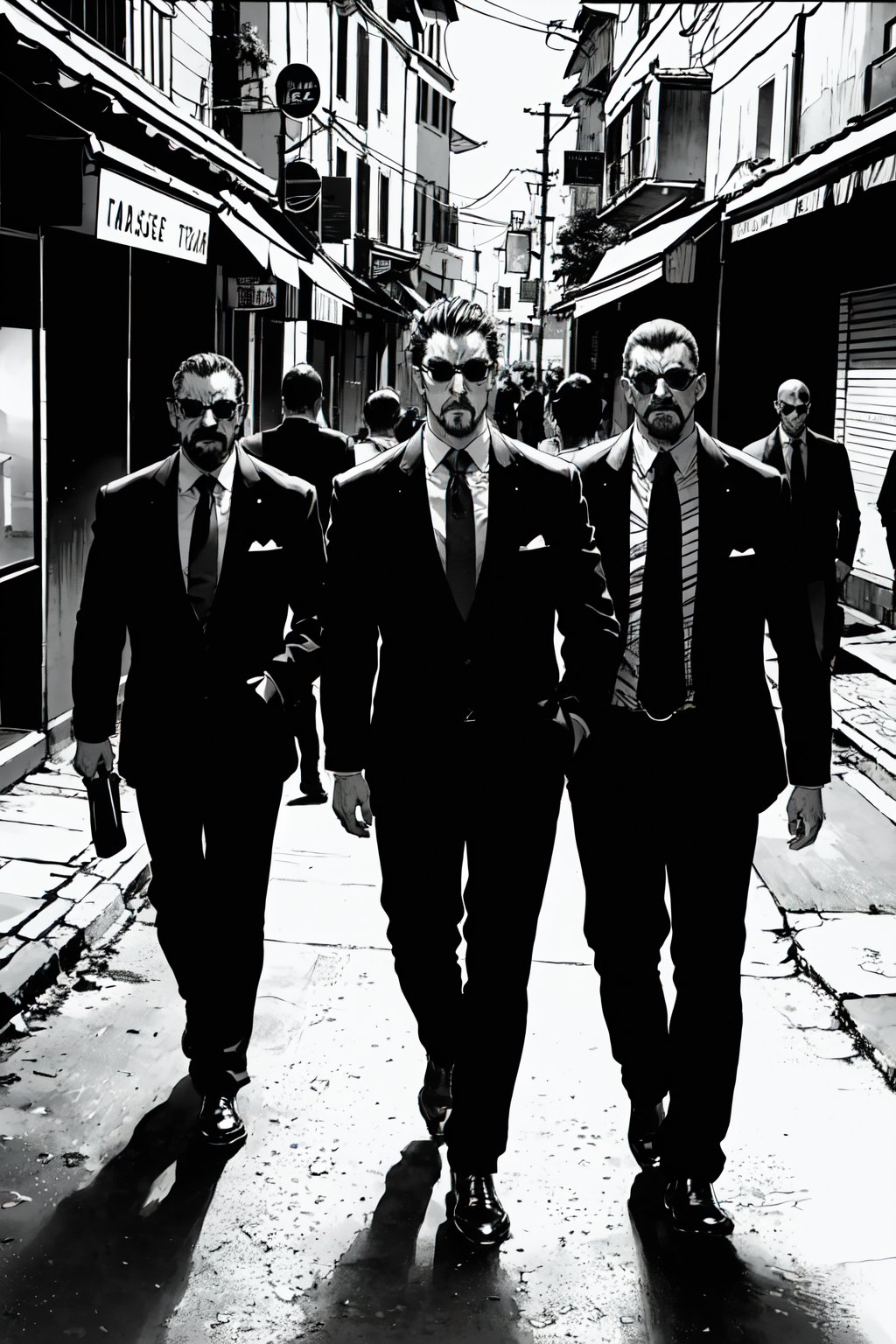 boichi manga style, monochrome, greyscale, A group of Italian mafia thugs walking fiercely on the street, ((masterpiece))