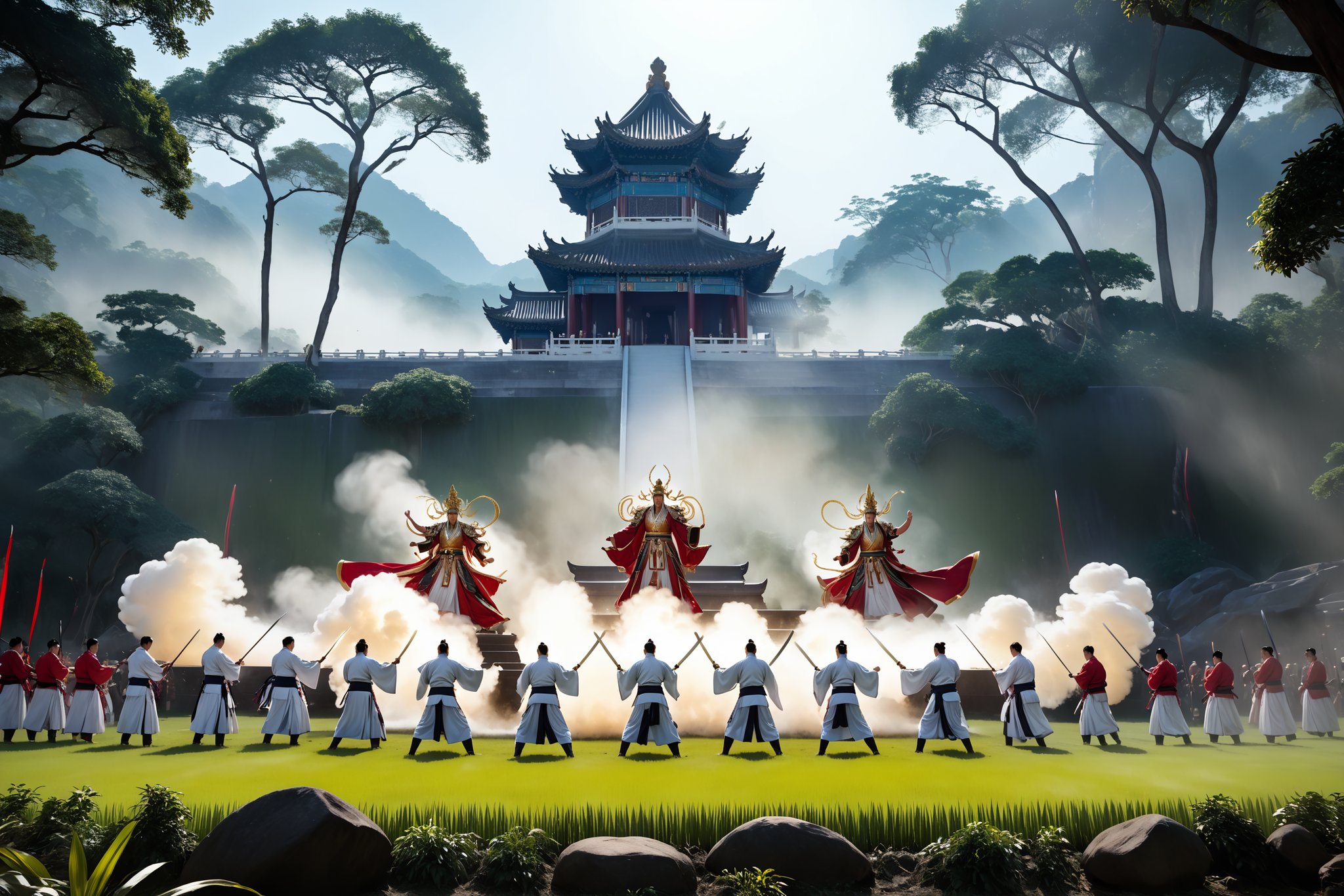 In a serene landscape of lush greenery and wispy mist, the Trial Field unfolds like an ancient canvas. Eighteen deities, each embodying a unique aspect of Chinese mythology, gather to face the ultimate test of wit, strength, and strategy. The camera frames them in a majestic tableau, with the gods' intricately designed robes and ornate accessories shining under soft, golden lighting. As they begin their trials, the atmosphere transforms into one of high-stakes intensity, with the sound design amplifying each swift kick, swift sword strike, and whispered incantation. The mise-en-scène is a masterclass in capturing the essence of this epic struggle, where mythological might collides with martial arts mastery.