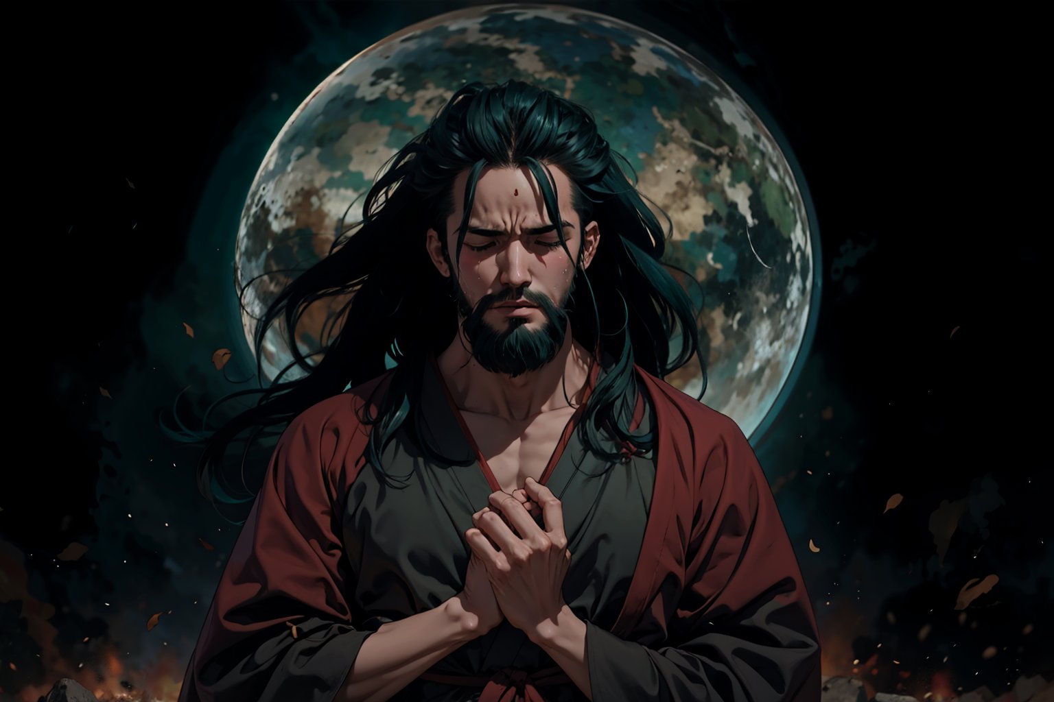 Chinese mythology story, solo, 1man, forty years old, long black hair, two beards, aqua Taoist robe, thin and tall, closed eyes, he is in tears, he lowered his head and murmured to himself, with his hands clasped on his chest, Chinese martial arts animation style, boichi manga style