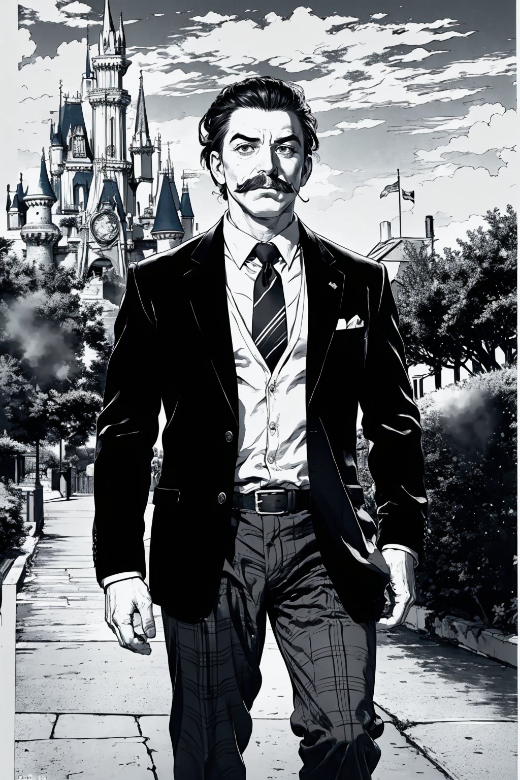 boichi manga style, monochrome, greyscale, solo, a young man, he is Walt Disney, the founder of Disneyland, slicked hairstyle, mustache, traditional plaid suit, spread his hands, full body shot, a country station background, ((masterpiece))