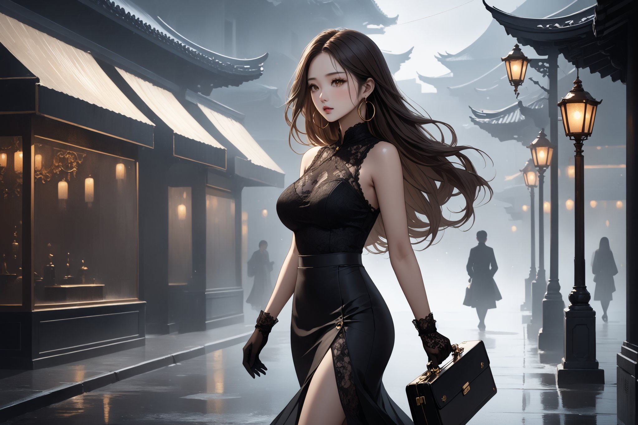 Dark Moody Atmosphere, {prompt}, dramatic, mysterious, dark moody atmosphere, masterpiece, beautiful and aesthetic, ultra detail, intricate, 1female, solo, 20 years old, detailed character design, Asian beauty, pure, romantic mood, feminine soft face, golden eyes, hoop earrings, (flowing long hair, brown), detail skin, pore, curvaceous, slender waist, big breasts, (sleeveless shirt, skirt, black, lace, translucent), black lace gloves, (from side:1.5), dynamic pose, (holding a briefcase), walking on the street