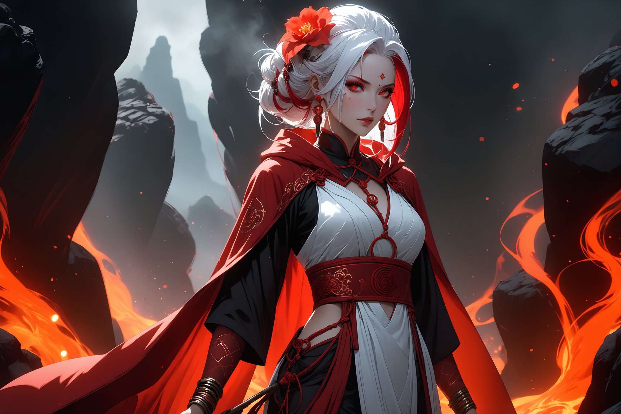 masterpiece, beautiful and aesthetic, ultra detail, intricate, 1female, 40 years old, detailed character design, sorceress, mysterious, (a red mole on forehead:1.2), red eyes, hoop earrings, (medium hair, traditional Chinese updo, Split-color Hair, white Hair, red Hair), hair flower, bangle, short stature, hooded cloak, (Taoist robe, pants, orange), cane, (upper body:1.5), dynamic pose, her hands crackling with arcane energy, standing on lava, smokey, mysterious colorful, magic effect, in heavenly palace