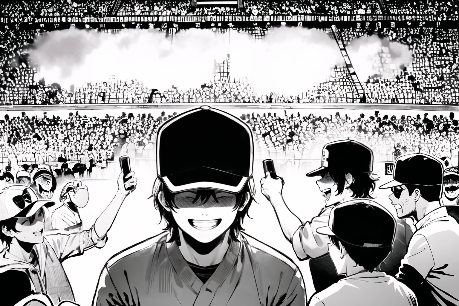 A triumphant baseball player stands proudly on the baseball field, hoisting the coveted championship trophy aloft as teammates rush to congratulate him. The bright sunlight casts a warm glow on their joyful faces and baseball caps, while the uniformed crowd cheers in unison, celebrating their team's momentous victory, manga style {prompt}. vibrant, high-energy, detailed, iconic, Japanese comic style, emphasizing the simplicity and serenity of a black and white Japanese manga style, clean line work, striking visuals, bold outlines, (manga influence:1.3), boichi manga style
