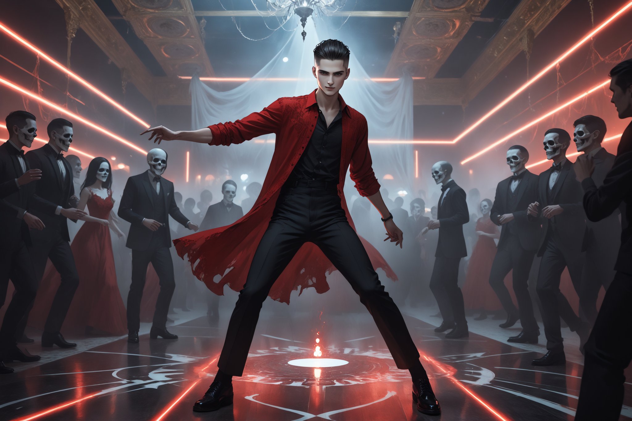 horror-themed {prompt} . eerie, unsettling, dark, spooky, suspenseful, grim, highly detailed, masterpiece, beautiful and aesthetic, ultra detail, intricate, 1male, solo, 23 years old, detailed character design, delicate face,  smile, gray eyes, (dark hair, Classic Undercut), red shirt, black dress pants, dynamic pose, embodying the spirit of the wild, dancing, dance floor, lasers 