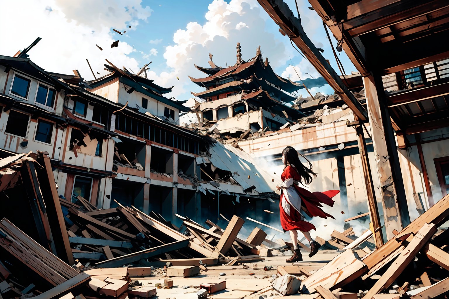 A dramatic scene unfolds in an ancient Chinese courtyard: a grand temple's ceiling begins to crumble, sending dust and debris raining down. A lone figure, dressed in traditional hanfu attire, cowers beneath the falling rubble as the once-sturdy structure now teeters on the brink of collapse.
