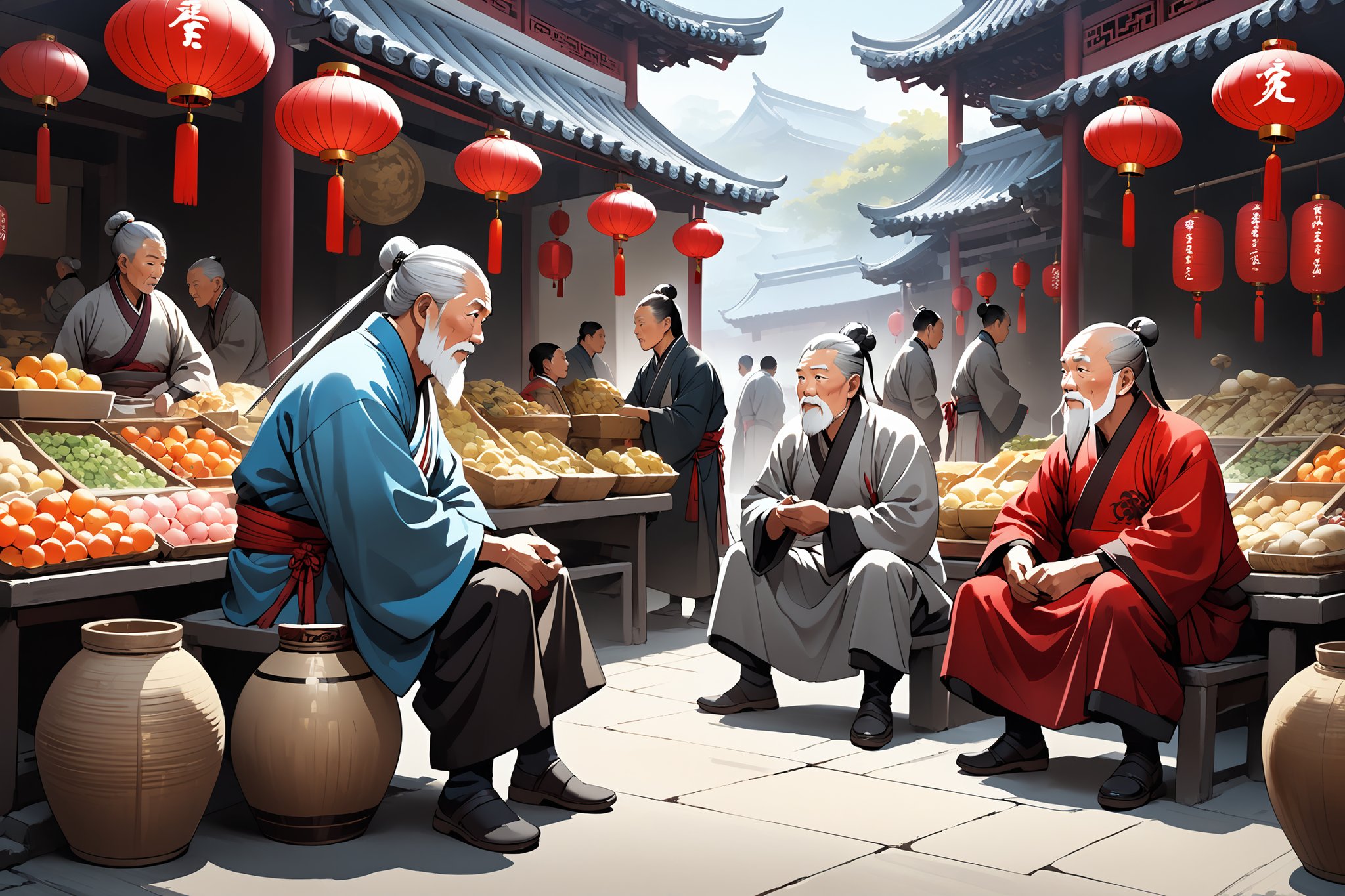 (Masterpiece, beautiful and aesthetic, ultra detail, intricate), describes a market in ancient China, where two or three old men gathered together to chat, and they were red-faced with each other.