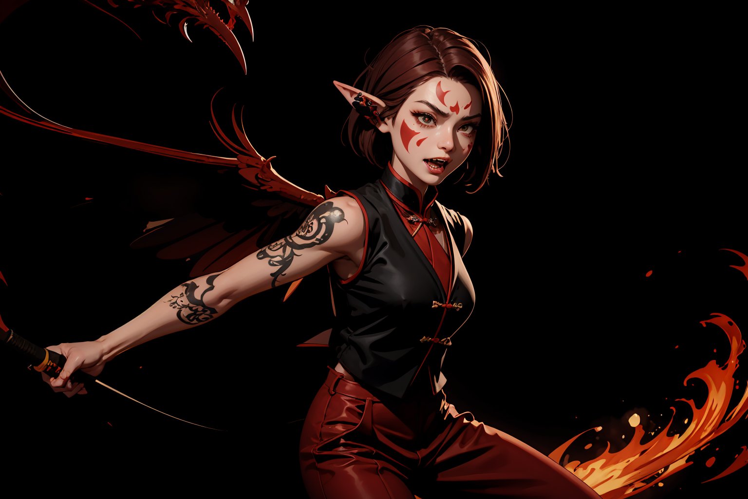 Chinese mythology, solo, 1female, monster_girl, short hair, dark red hair, (facial marks), fierce face, evil face, fangs, sexy lips, (pointed ears), (dark skin), strong body, (phoenix tattoo), (a single wing behind:1.2), (go mad:1.2), dark red vest, long pants, Chinese martial arts animation style