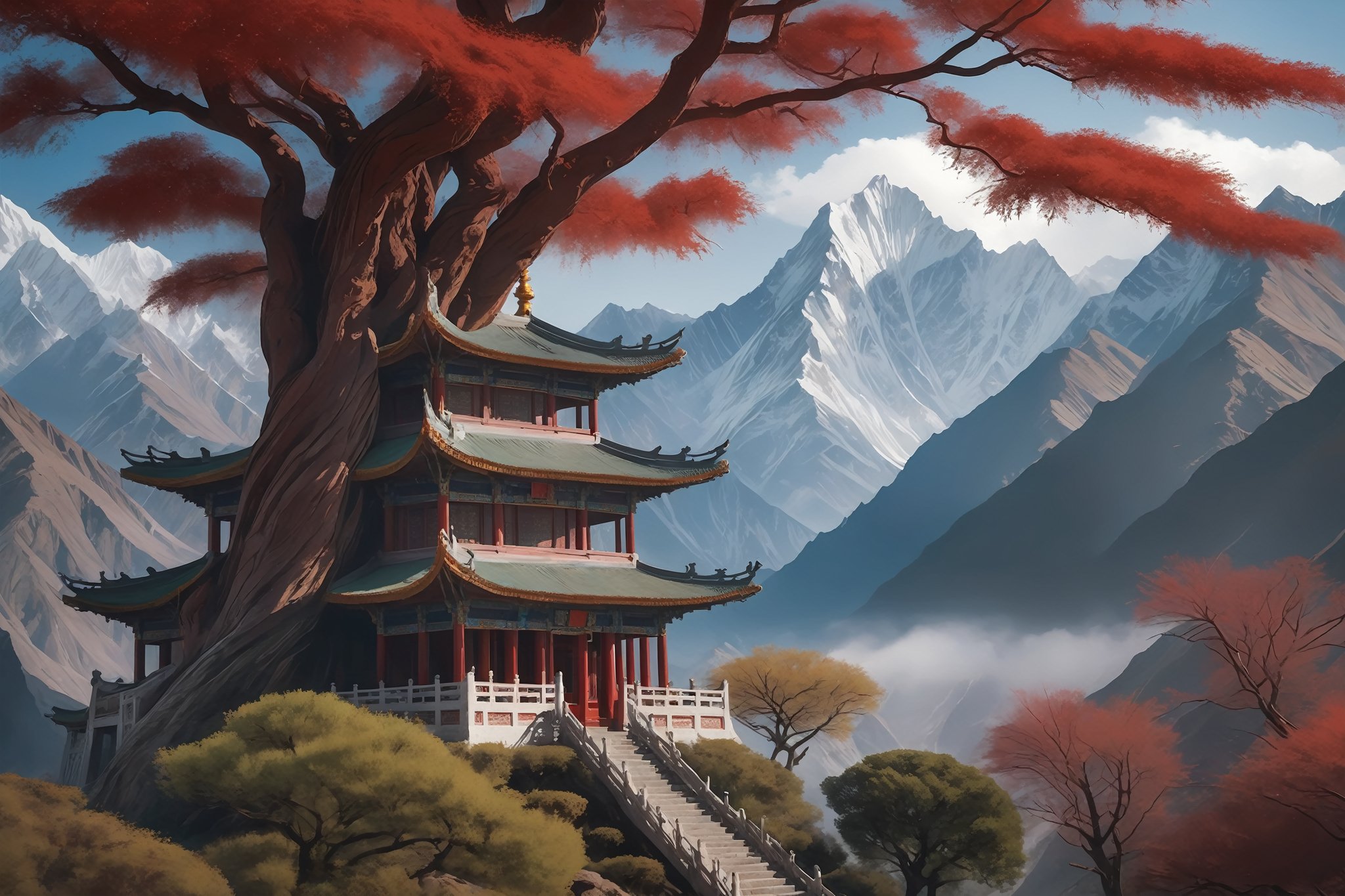 In this vibrant anime-inspired scene, a majestic red sandalwood tree rises from a delicate base on the lower third of the frame. The trunk and branches are adorned with intricate carvings, as if telling ancient stories. In the background, a stunning antique Tibetan Scripture Pavilion glows warmly, evoking a sense of mystique. Against this rich backdrop, the Tianshan Mountain range stretches across the top half of the composition, its rugged peaks shrouded in mist. Amidst this serene landscape, a subject stands at attention, perhaps a mythical creature or a wise scholar, their pose and action hinting at ancient wisdom. The overall mood is one of reverence and wonder, inviting viewers to step into this fantastical world inspired by Chinese mythology.