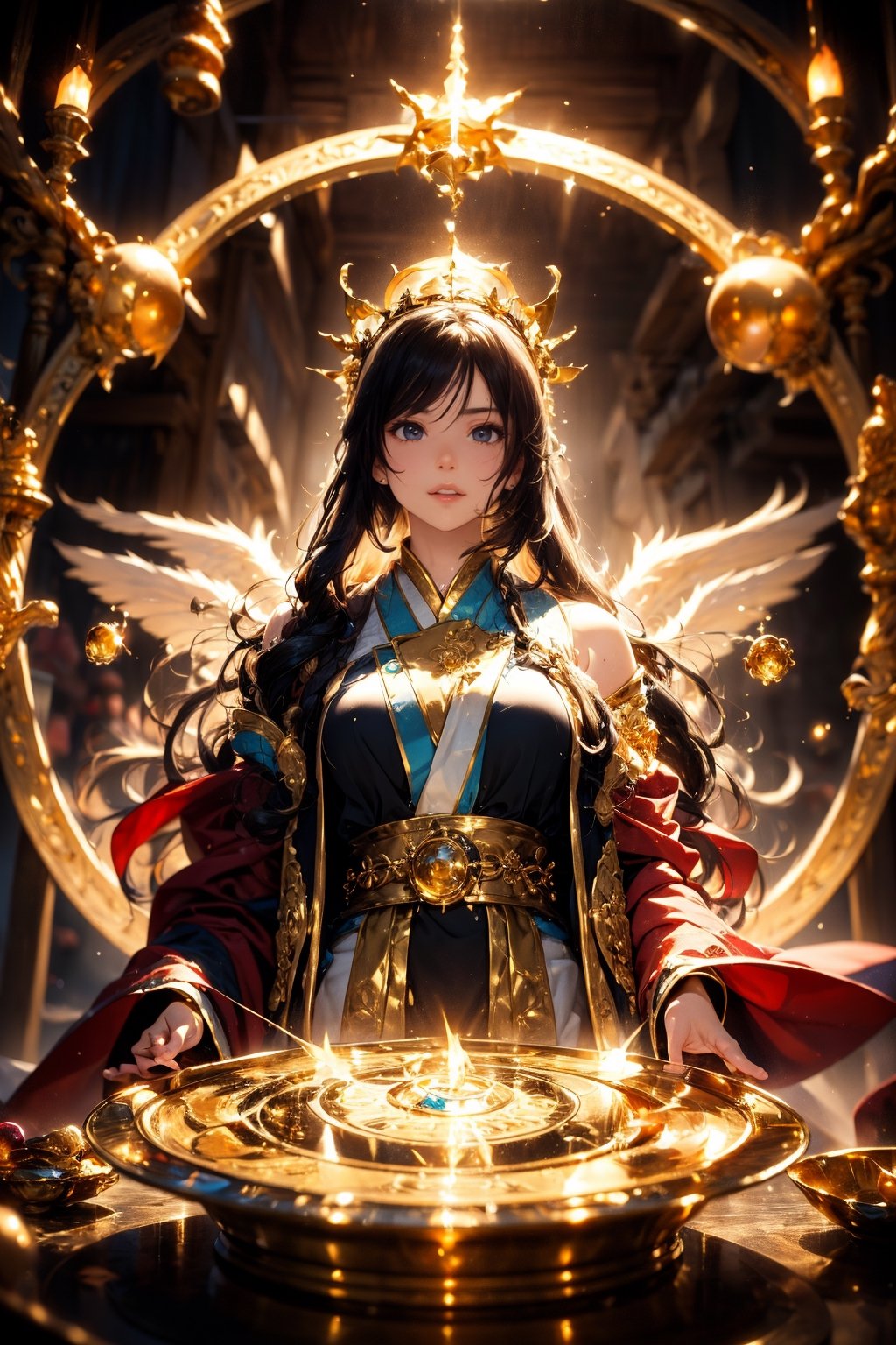 photographic, cinematic, super high detailed, super realistic image, 8k, HDR, super high quality image, master realistic image, perfect, detailed face, solo, goddess, (smile), long hair, hanfu, long robe, crown, light of wings, side view, full body shot, magic circle. The worlds greatest horde of treasure ever collected, epic proportions, (colorful), dreamlike, gold, jewelry, treasure, riches, pules of gold, gems, riches, treasure vault, biggest treasure in the world,