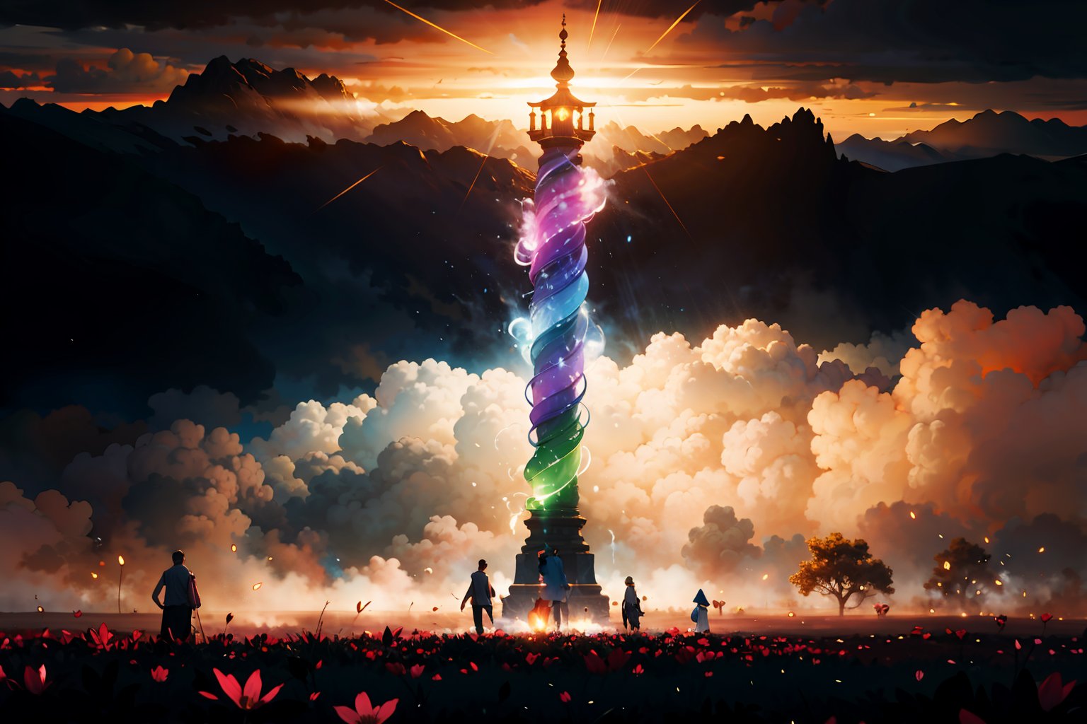 A divine assembly unfurls amidst a misty twilight, as Prisma Sakuraoil's vibrant daubs of opaline rainbow hues splash and trickle across the heavenly court. Immortals and gods congregate, their ethereal forms bathed in the soft glow of cinematic lighting, with subtle lens flares and bokeh effects adding depth to the scene. As foggy dusk settles, delicate blooms of light emanate from the gathering, casting an otherworldly ambiance. HDR technology captures the ultra-high detail of this mystical gathering, centered within a swirl of misty mystery.