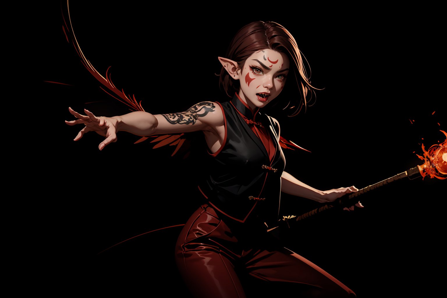 Chinese mythology, solo, 1female, monster_girl, short hair, dark red hair, (facial marks), fierce face, evil face, fangs, sexy lips, (pointed ears), (dark skin), strong body, (phoenix tattoo), (a single wing behind:1.2), (go mad:1.2), dark red vest, long pants, holding a mace, Chinese martial arts animation style