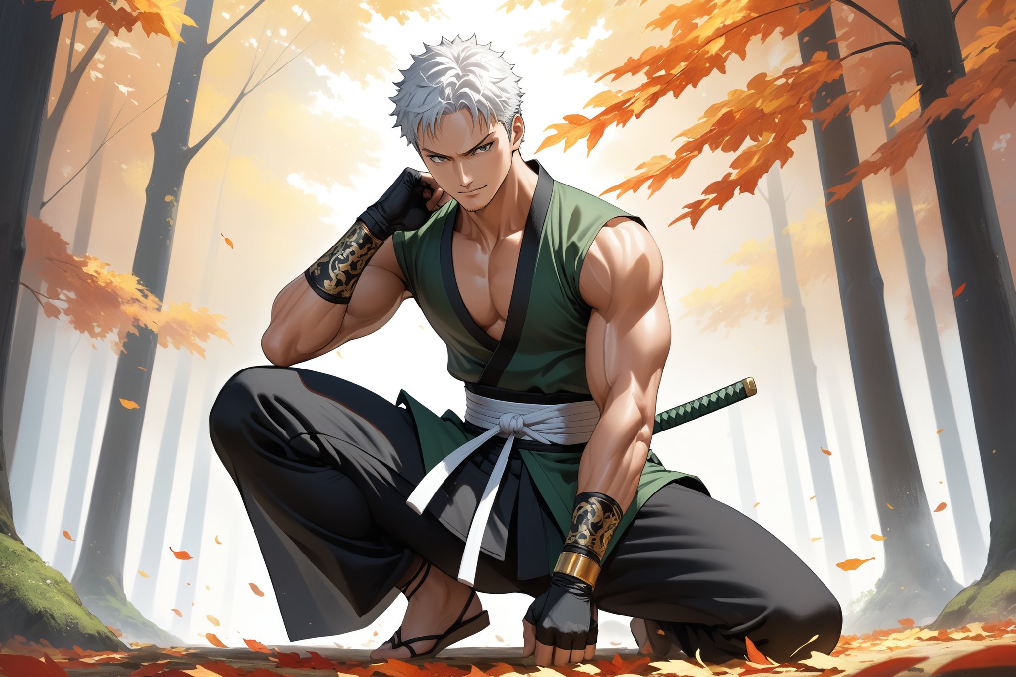 masterpiece, beautiful and aesthetic, ultra detail, intricate, 1male, solo, representation of the legendary martial artist, Roronoa Zoro features, detailed character design, (worry expression), smile, (white hair), exquisite body, strong abdominal muscles, (golden armlet:1.2), (black half gloves), black martial arts belt, (black Hanfu, sleeveless), black lace-up ankle brace, (from below), (face down), (Squatting), dynamic pose, forests, mists, autumn leaves fluttering around