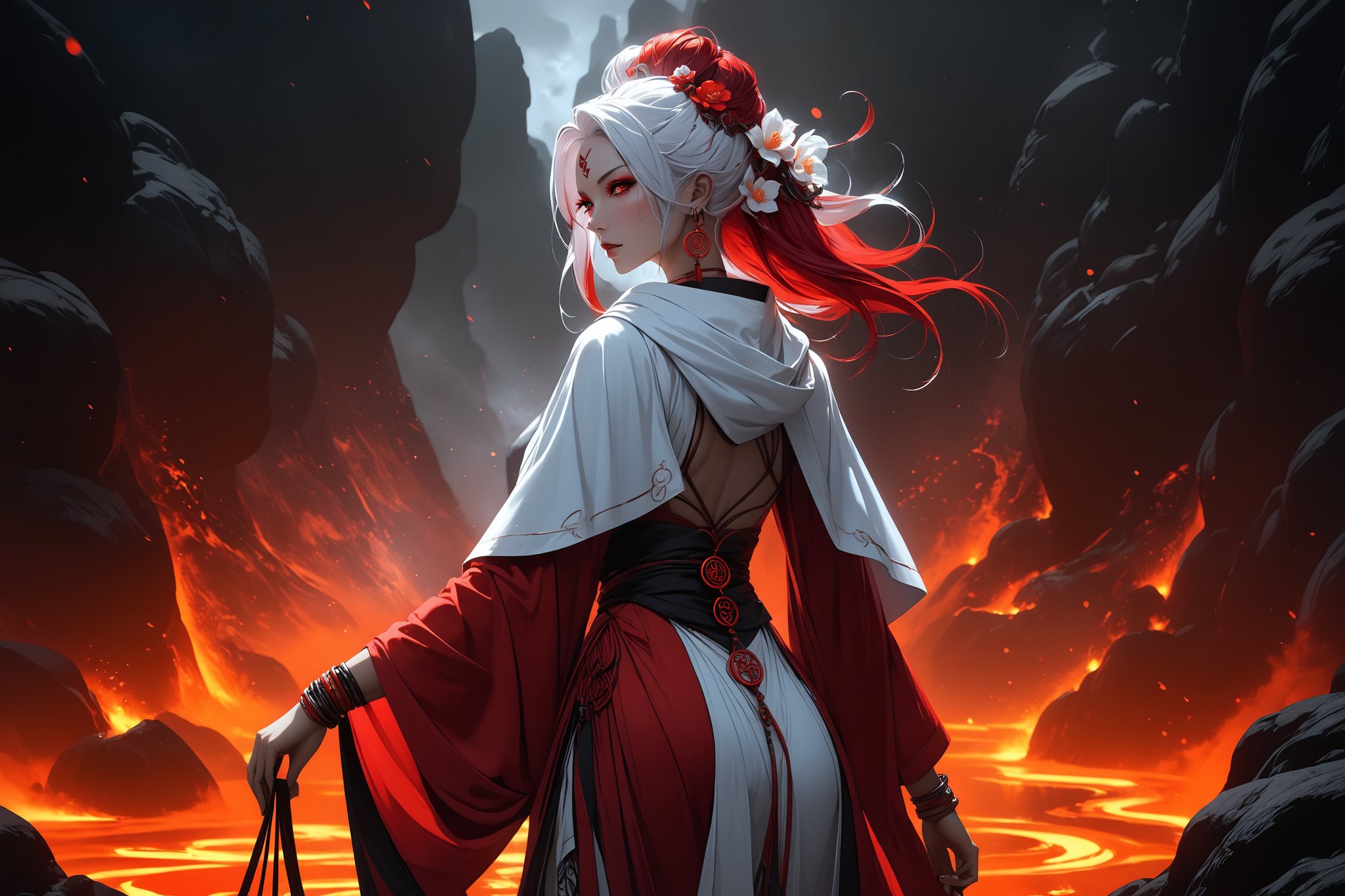 masterpiece, beautiful and aesthetic, ultra detail, intricate, 1female, 40 years old, detailed character design, sorceress, mysterious, (a red mole on forehead:1.2), red eyes, hoop earrings, (medium hair, traditional Chinese updo, Split-color Hair, white Hair, red Hair), hair flower, bangle, short stature, hooded cloak, (Taoist robe, pants, orange), cane, (from behind:1.5), dynamic pose, her hands crackling with arcane energy, standing on lava, smokey, mysterious colorful, magic effect, in heavenly palace