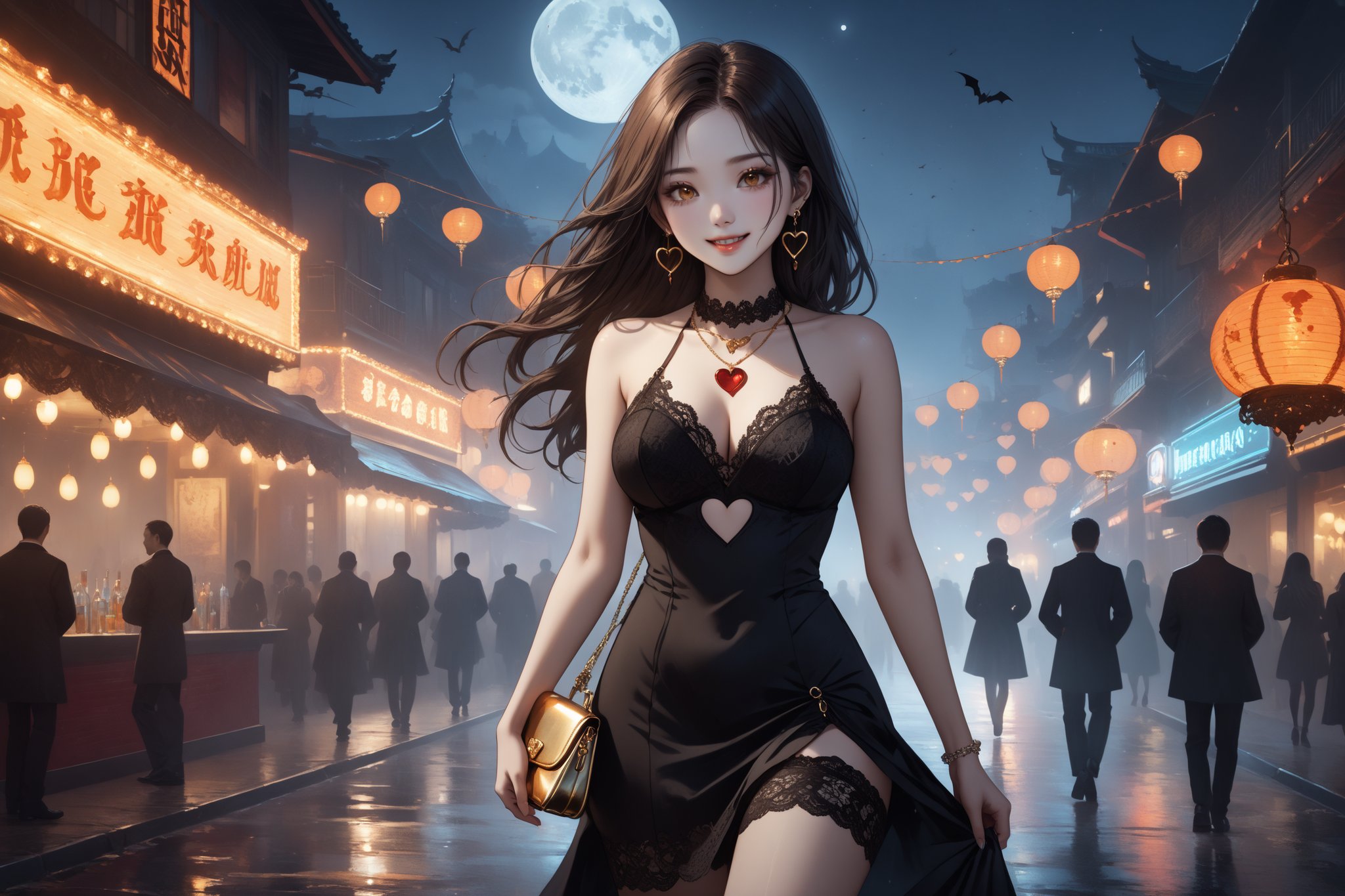 horror-themed {prompt} . eerie, unsettling, dark, spooky, suspenseful, grim, highly detailed, masterpiece, beautiful and aesthetic, ultra detail, intricate, 1female, solo, 20 years old, detailed character design, Asian beauty, pure, romantic mood, feminine soft face, golden eyes, smile sweetly, heart earrings, (flowing long hair, brown), detail skin, pore, big breasts, curvaceous, slender waist, (black halter dress, clothing heart shaped cutout, lace trim, leg garter), jewelry necklace, (holding a golden purse), dynamic pose, vibrant, outdoors, walking on the street, night club, night moon