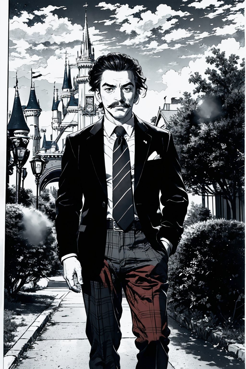 boichi manga style, monochrome, greyscale, solo, a young man, he is Walt Disney, the founder of Disneyland, slicked hairstyle, mustache, traditional plaid suit, open his forearms, full body shot, a country station background, ((masterpiece))