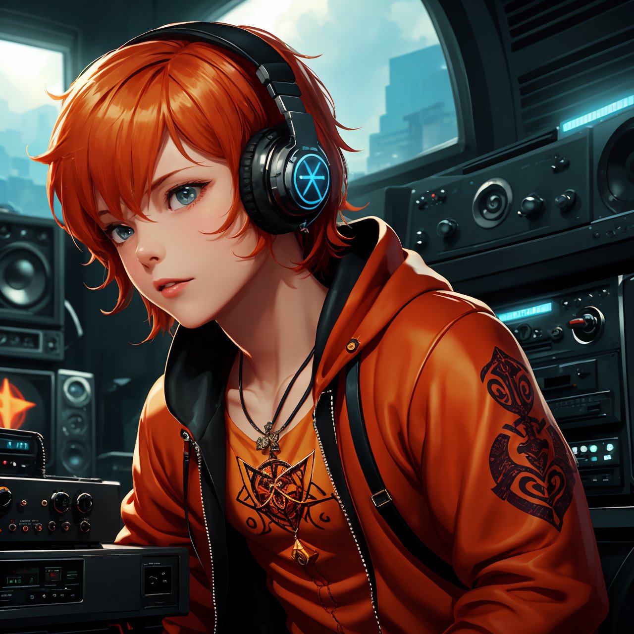 exquisite details and texture, detailed face, anatomy correct, best quality, ultra detailed, photorealistic, ((cinematic scenic view of 1 boy)), short hair, orange hair, sunglasses, wore a pair of headphones, red colored robe, cool, flame tattoos, flame pentagram necklace. He was a radio DJ, playing music in a tiny radio studio, front view, upper body, Cyberpunk style