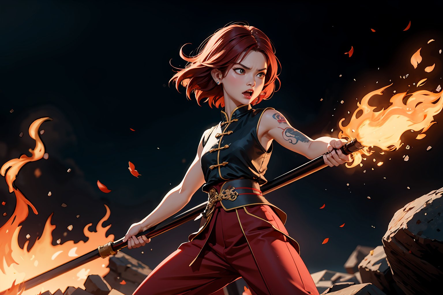 Chinese mythology, solo, 1female, monster_girl, short hair, dark red hair, fury, angry, fangs, sexy lips, pointed ears, strong body, swarthy body, fire phoenix tattoo, (single wing behind), holding a mace, dark red vest, long pants, (full shot:1.2), (show up a small token:1.2), Chinese martial arts animation style