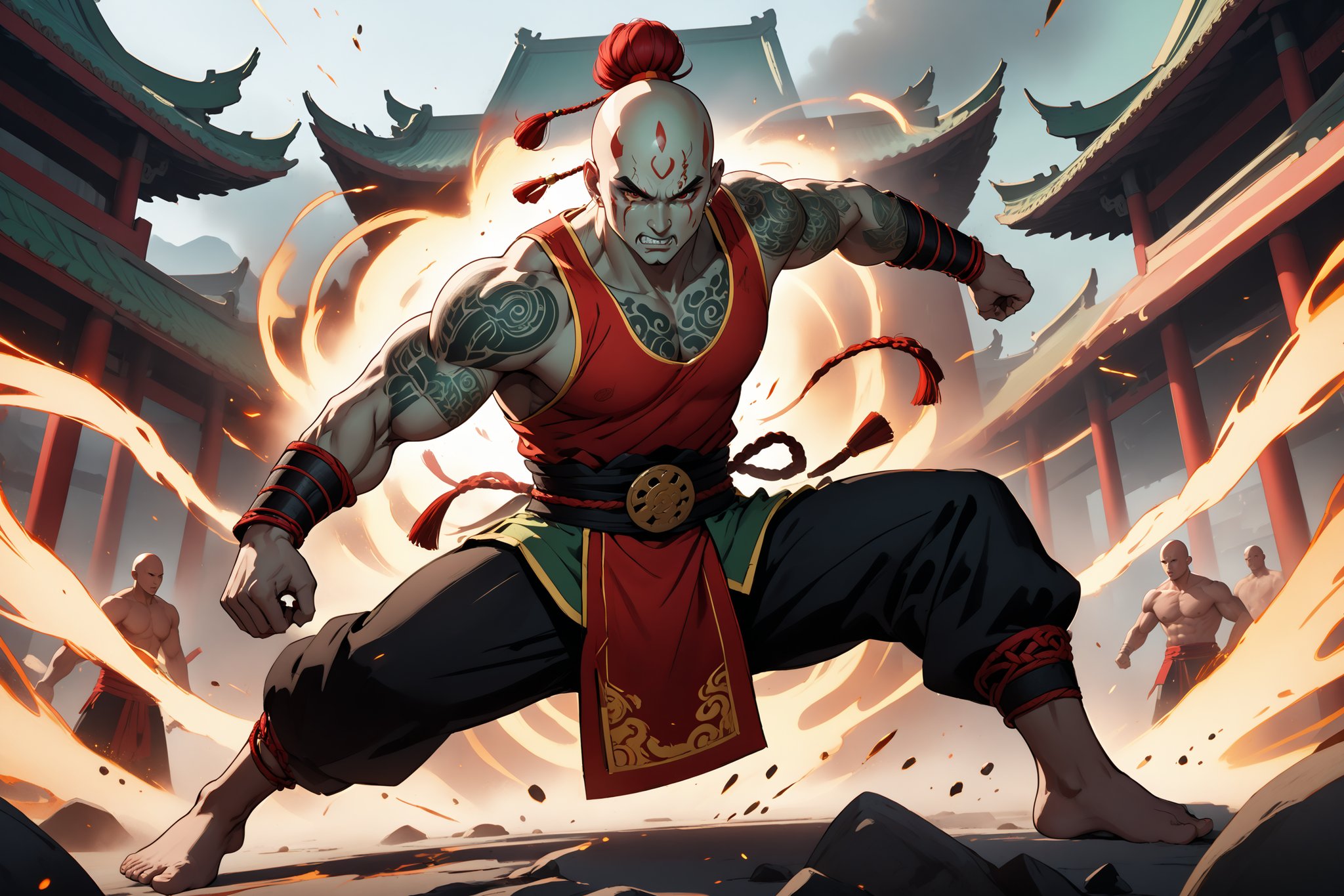 masterpiece, beautiful and aesthetic, ultra detail, intricate, 1male, solo, Berserker, Chinese mythology story, broad cheeks, (face burn scar), fierce expression, Buck-toothed, (thick eyebrows, red eyebrows), big eyes, aquiline nose, (bald, a red bun), (light green skin), (arm tattoo, tribal tattoo), giant, developed muscles, thick legs, barefoot, (red tank top), bracer, black pants, anklet, full body, dynamic pose, powerful pose, the battle stance, Chinese martial arts animation style, sparks, battlefield scene