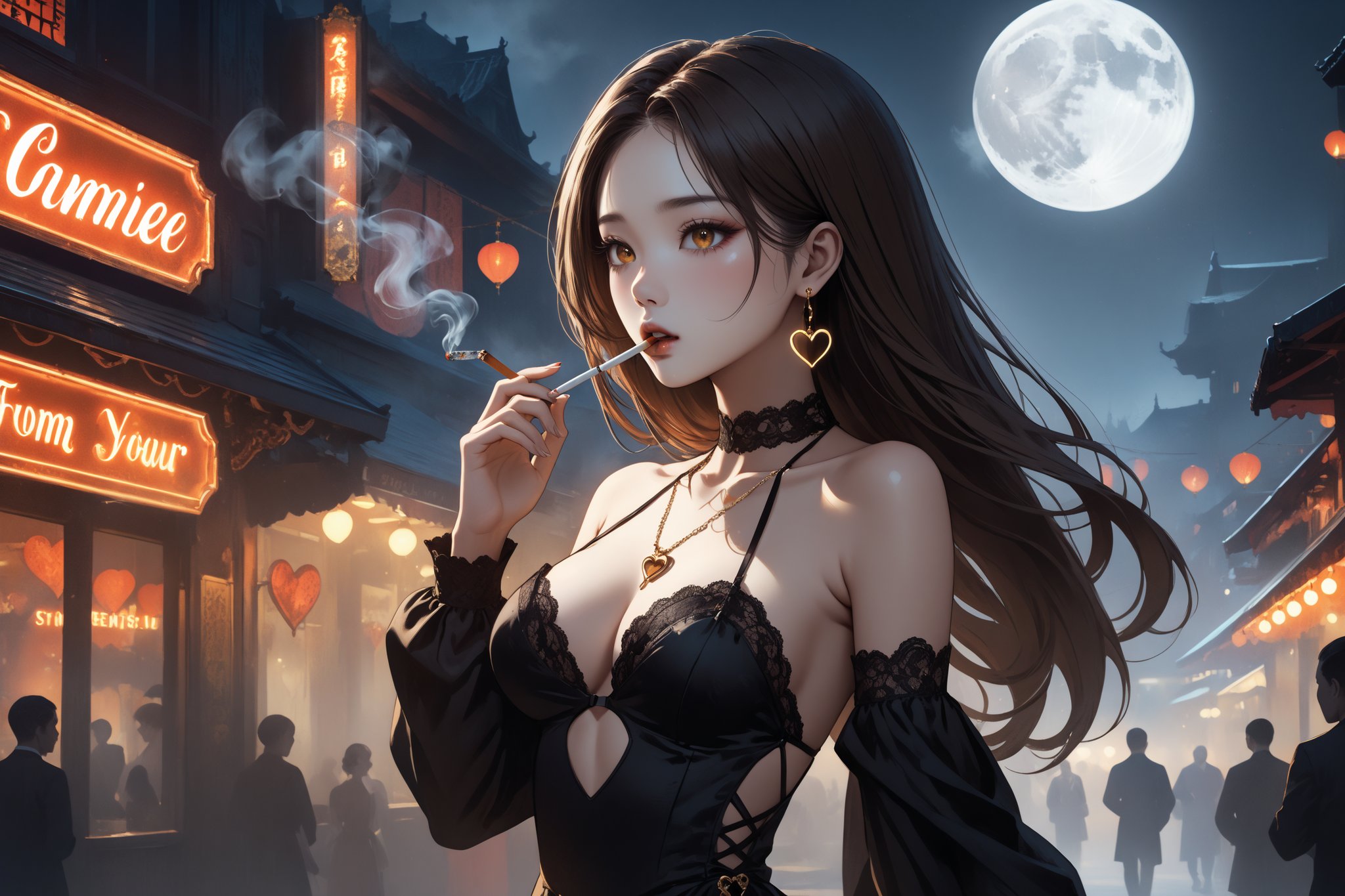 horror-themed {prompt} . eerie, unsettling, dark, spooky, suspenseful, grim, highly detailed, masterpiece, beautiful and aesthetic, ultra detail, intricate, 1female, solo, 20 years old, detailed character design, Asian beauty, pure, romantic mood, feminine soft face, golden eyes, (a cigarette in mouth, smoking), heart earrings, (flowing long hair, brown), detail skin, pore, big breasts, curvaceous, slender waist, (black halter dress, clothing heart shaped cutout, lace trim, leg garter), jewelry necklace, (carry a golden purse), (from side:1.5), dynamic pose, vibrant, outdoors, walking on the street, night club, night moon