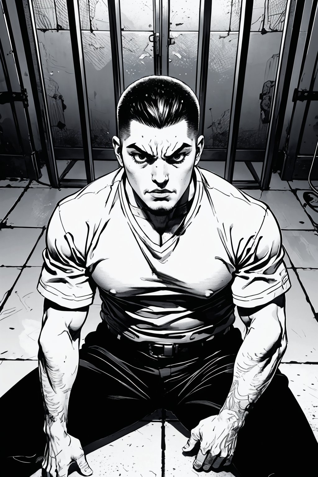 boichi manga style, monochrome, greyscale, solo, a criminal of Italian mafia, crew cut, round face, thick eyes, big mouth, thick lips, scarred cheeks, vicious face, tall and fat, wearing a prison clothes, siting on the ground, behind the cage, looking at the cage, ((masterpiece))