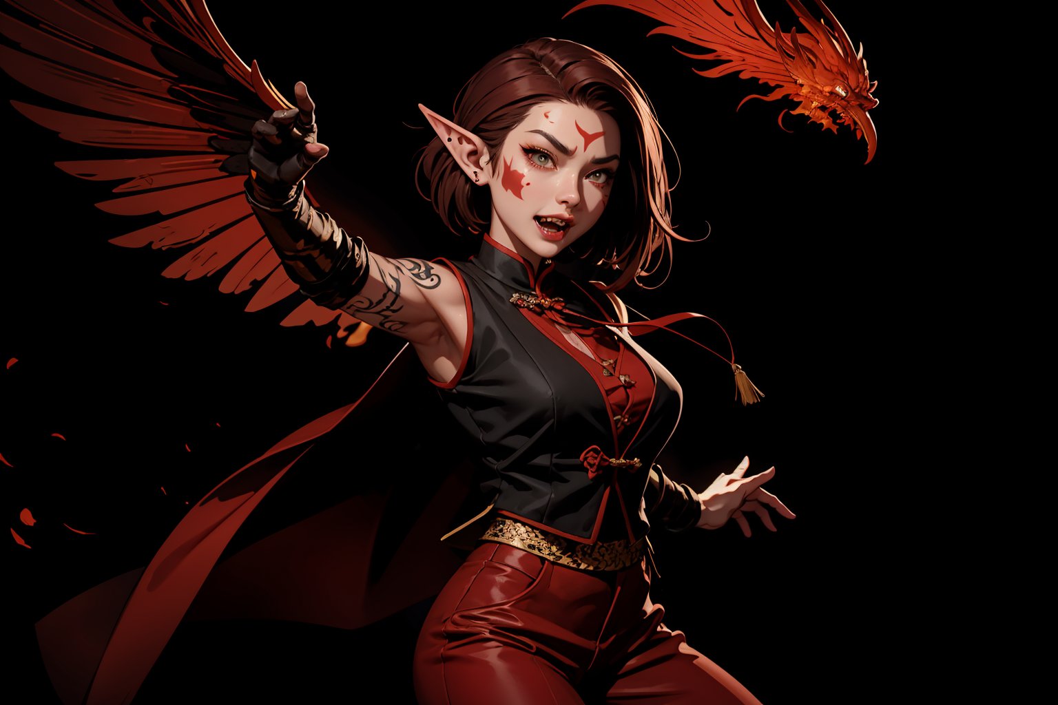 Chinese mythology, solo, 1female, monster_girl, short hair, dark red hair, (facial marks), fierce face, evil face, fangs, sexy lips, (pointed ears), (dark skin), strong body, (phoenix tattoo), (a single wing behind:1.2), (go crazy:1.2), dark red vest, long pants, Chinese martial arts animation style